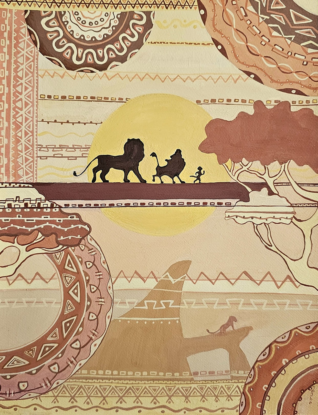 A painting of a lion and a lioness walking across a desert landscape.