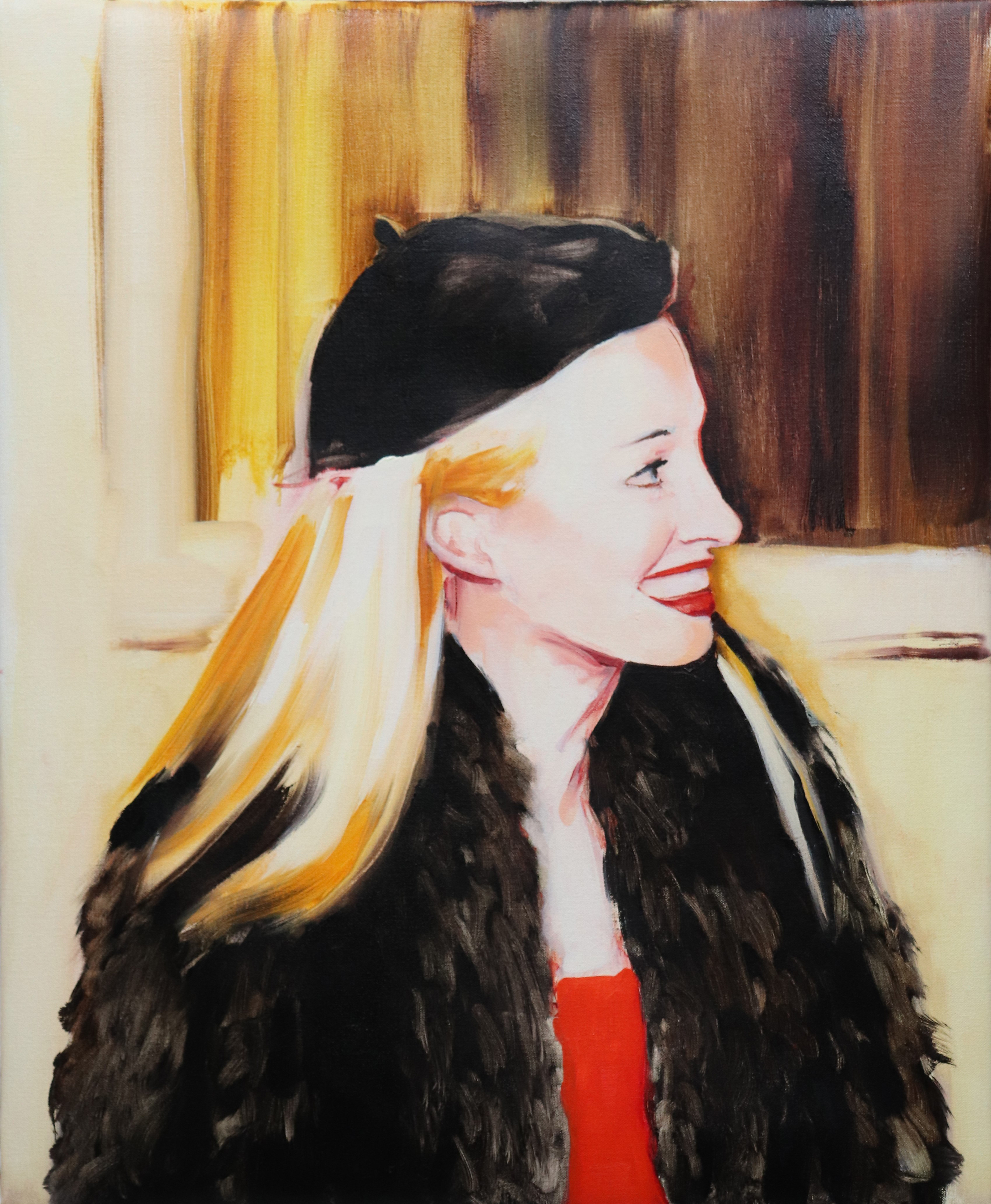 A painting of a woman wearing a black hat and fur coat.