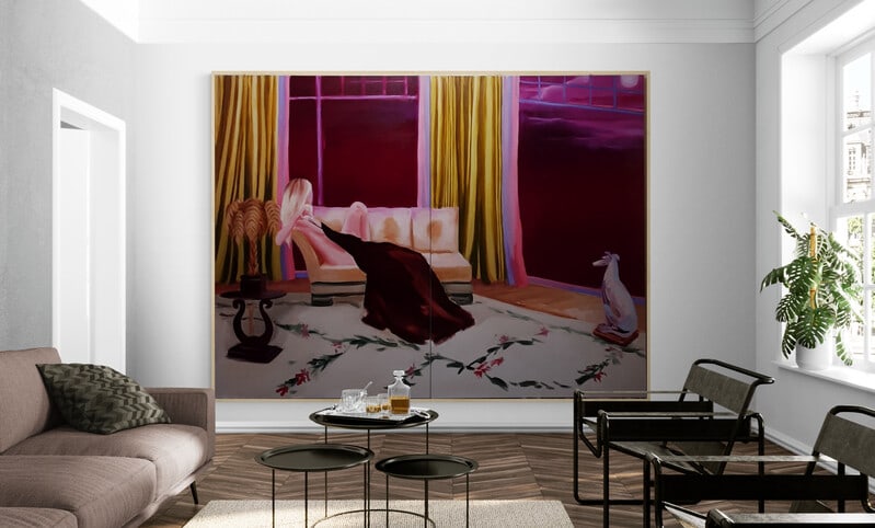 Artwork by Eugenia Cuellar, Interior with Magenta Sky (diptych), Made of Oil On Linen 