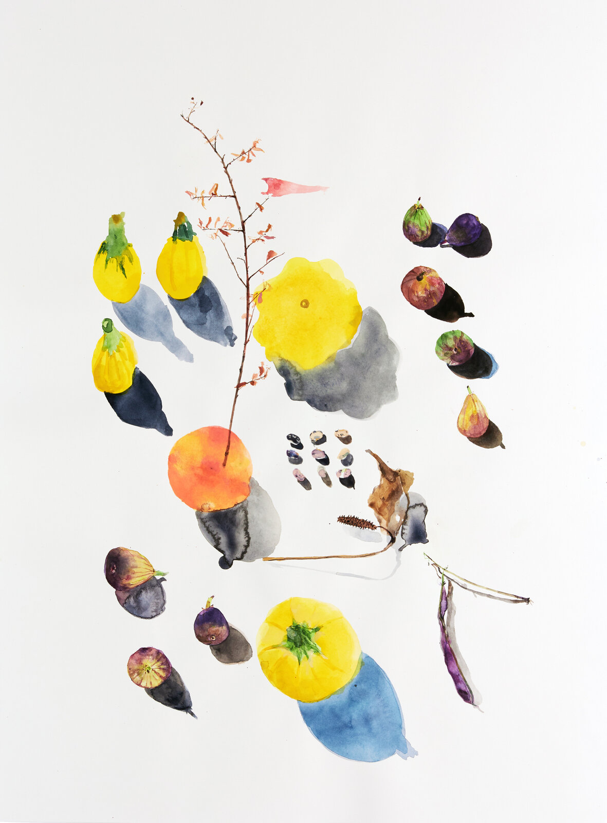 A watercolor painting of a bunch of fruit on a white surface.