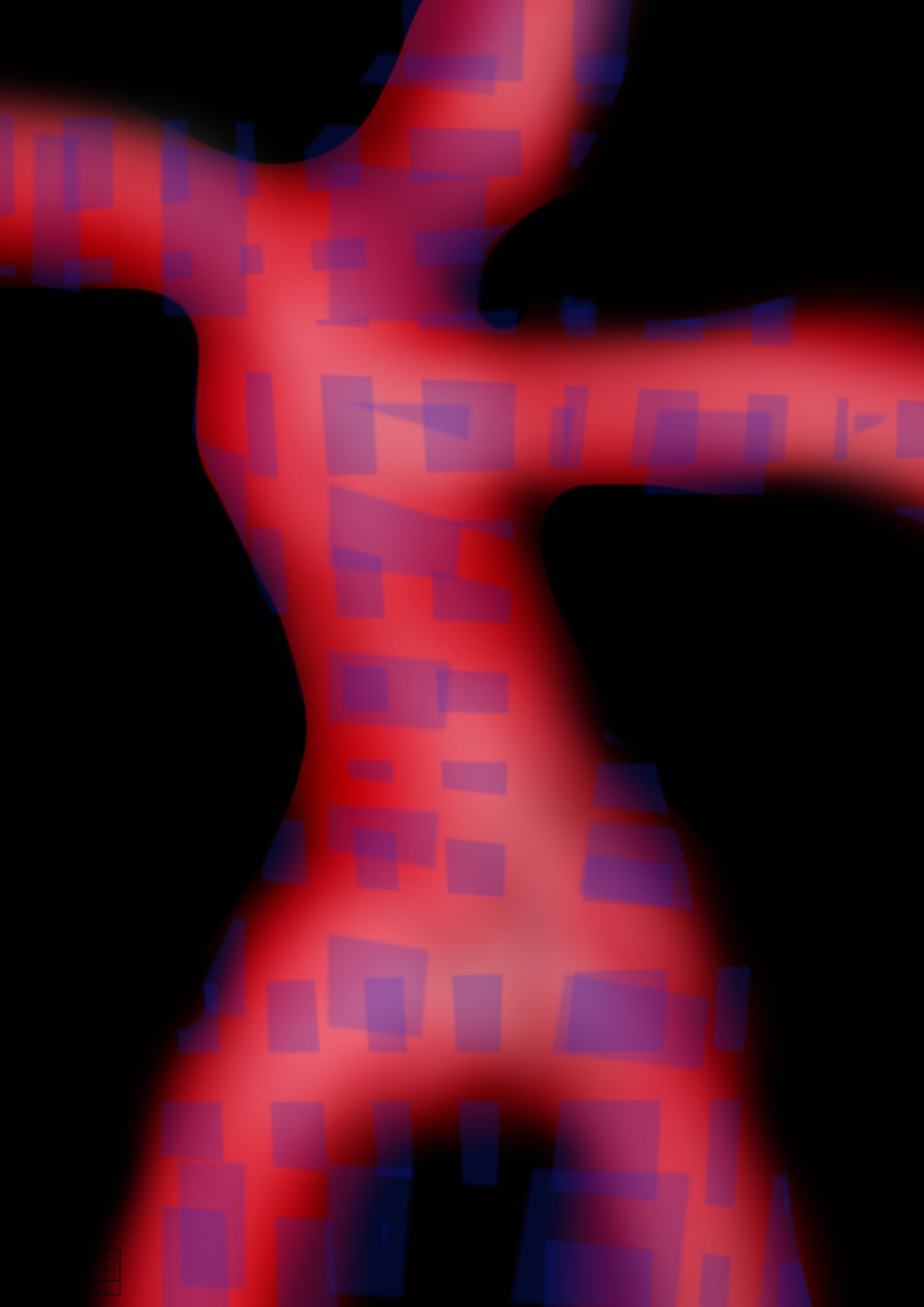A red and blue abstract image of a woman's torso.