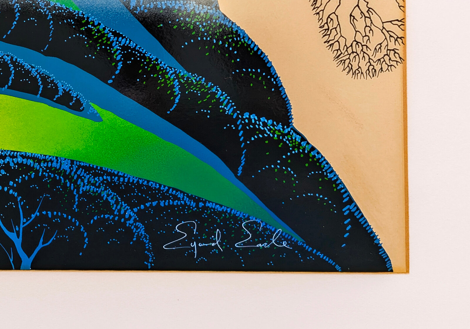 A surreal forest landscape featuring a large tree branch and glowing green hills.