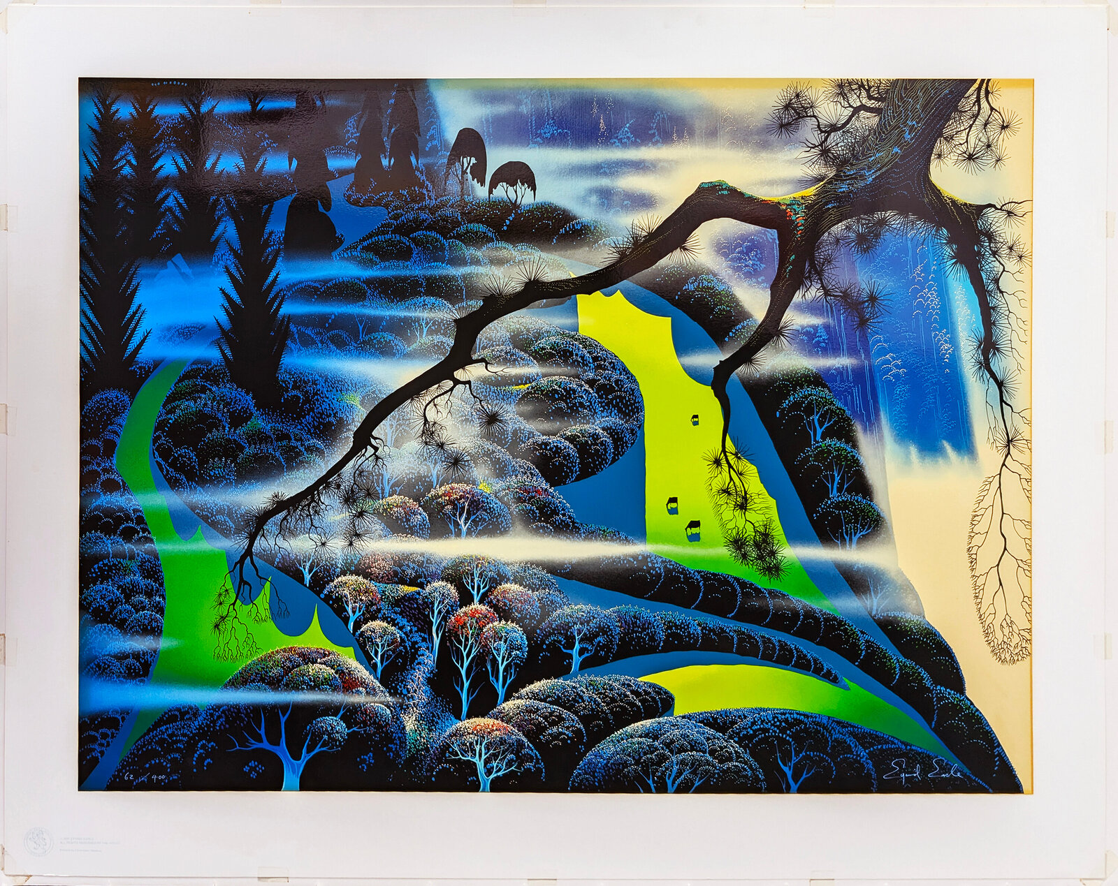 A surreal forest landscape featuring a large tree branch and glowing green hills.