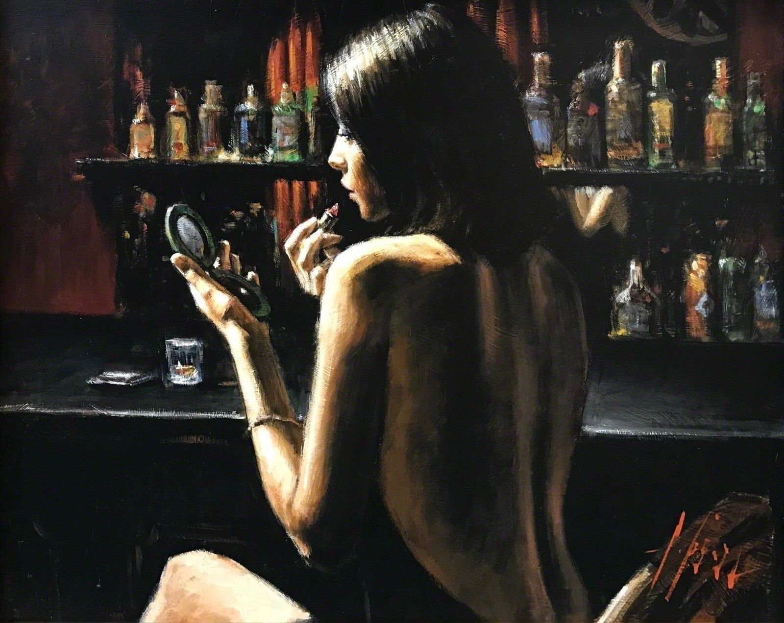 A painting of a woman sitting in front of a bar.