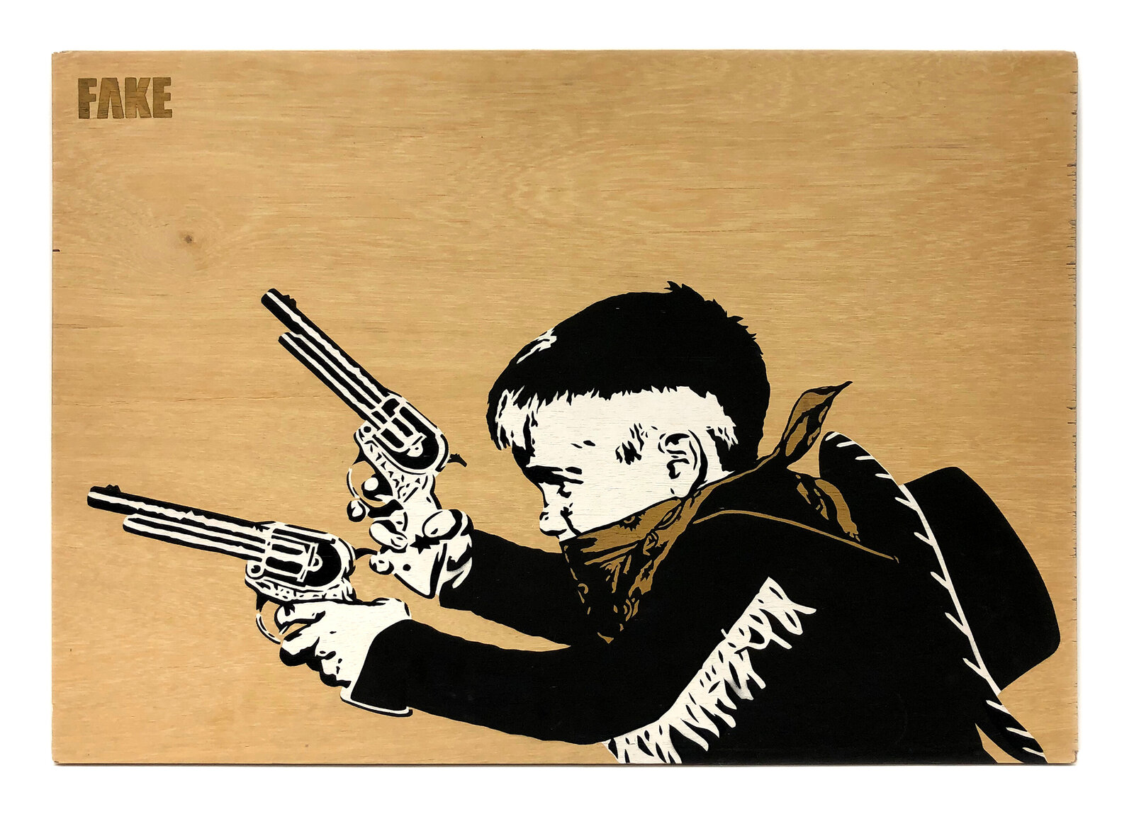 A wooden sign with a drawing of a boy holding a gun.