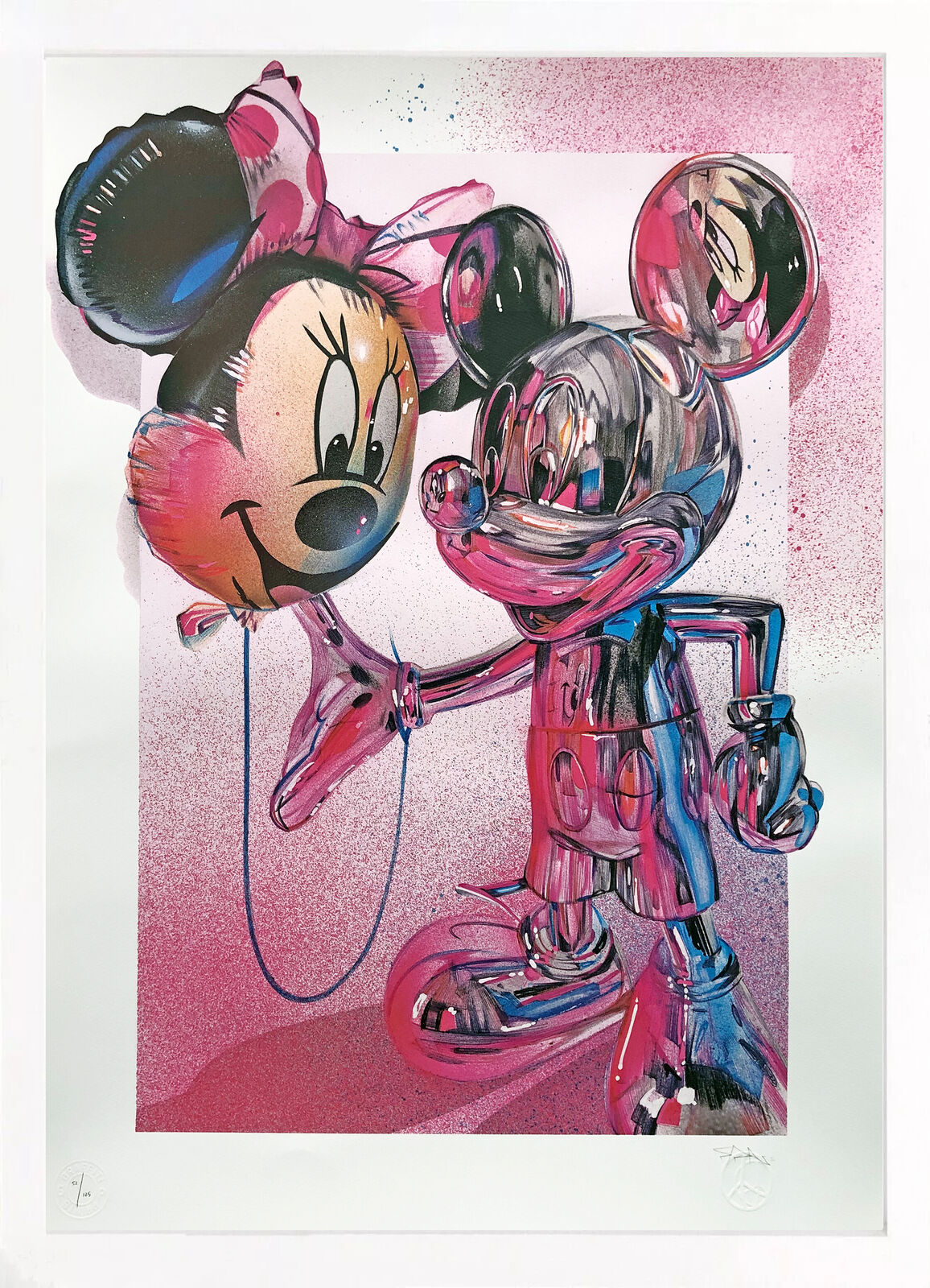A painting of a mickey mouse and minnie mouse holding hands.