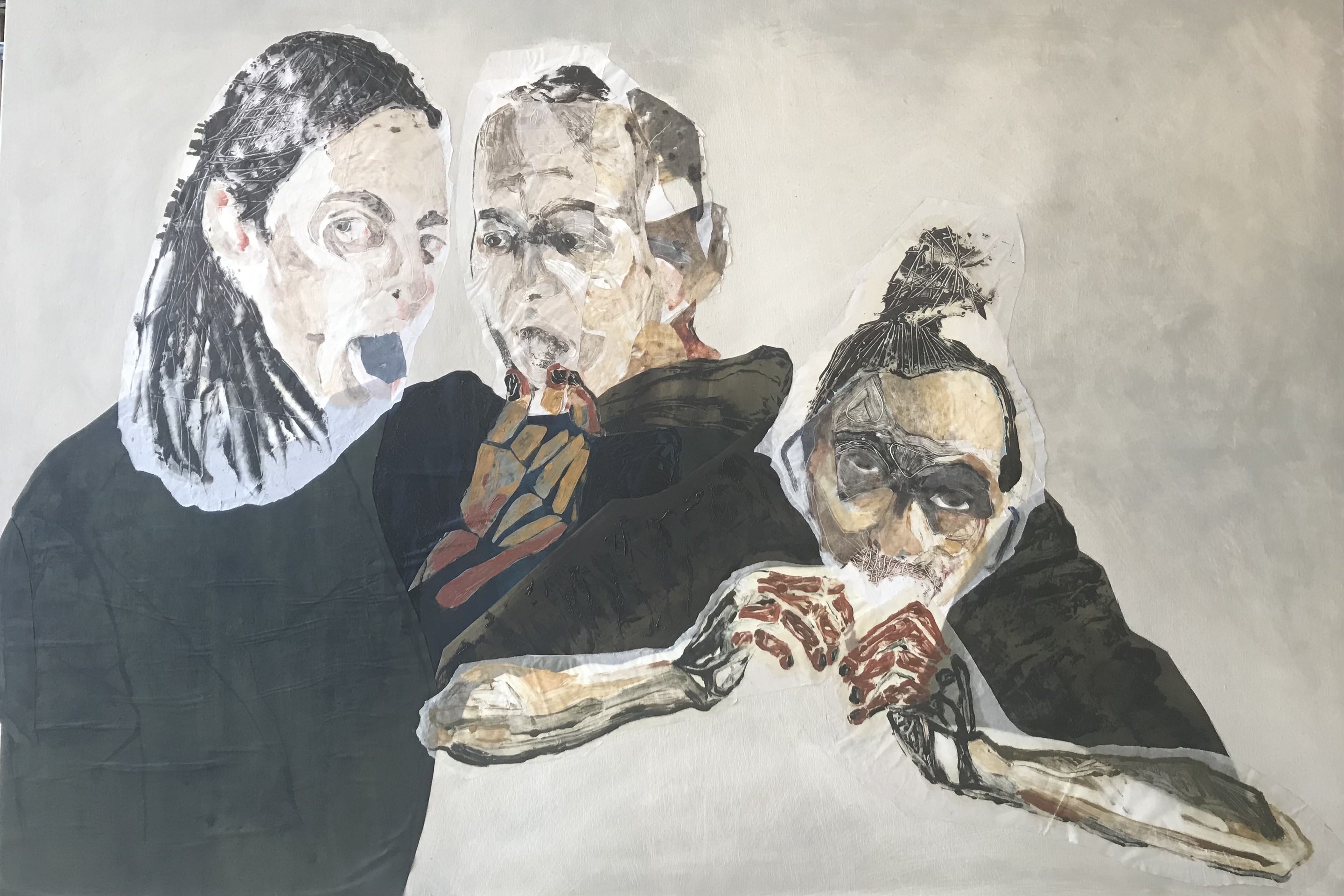A painting of three people eating a piece of food.