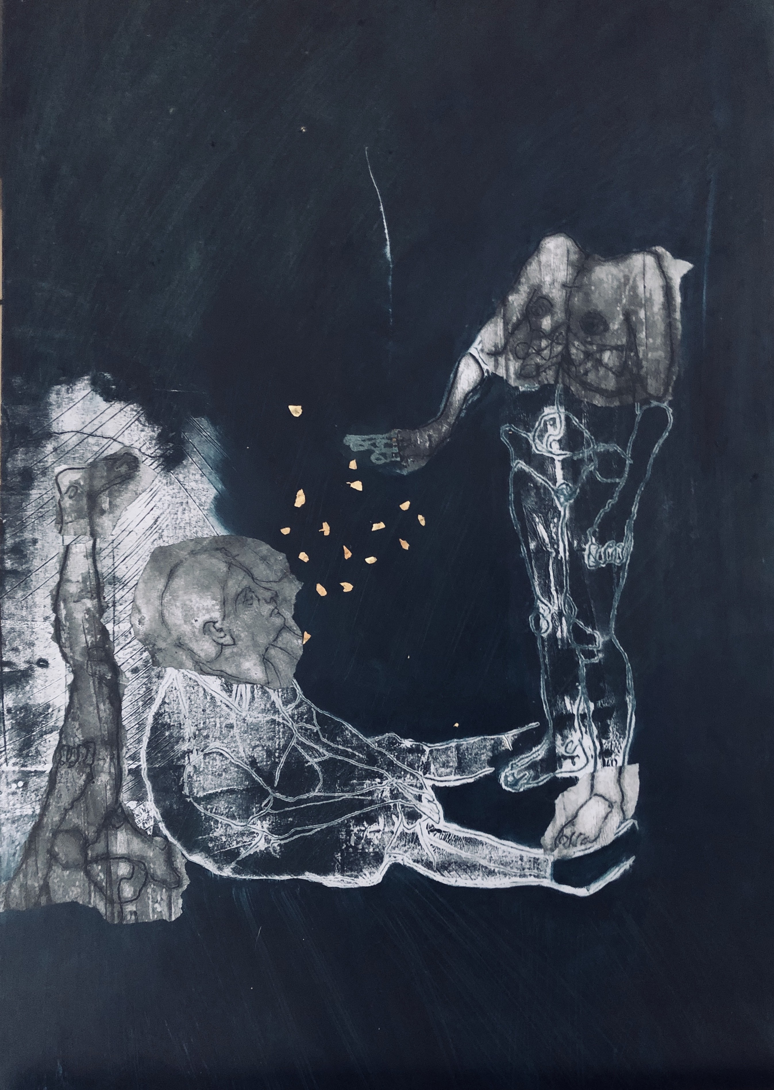 A black and white drawing of a man and a woman in the dark.