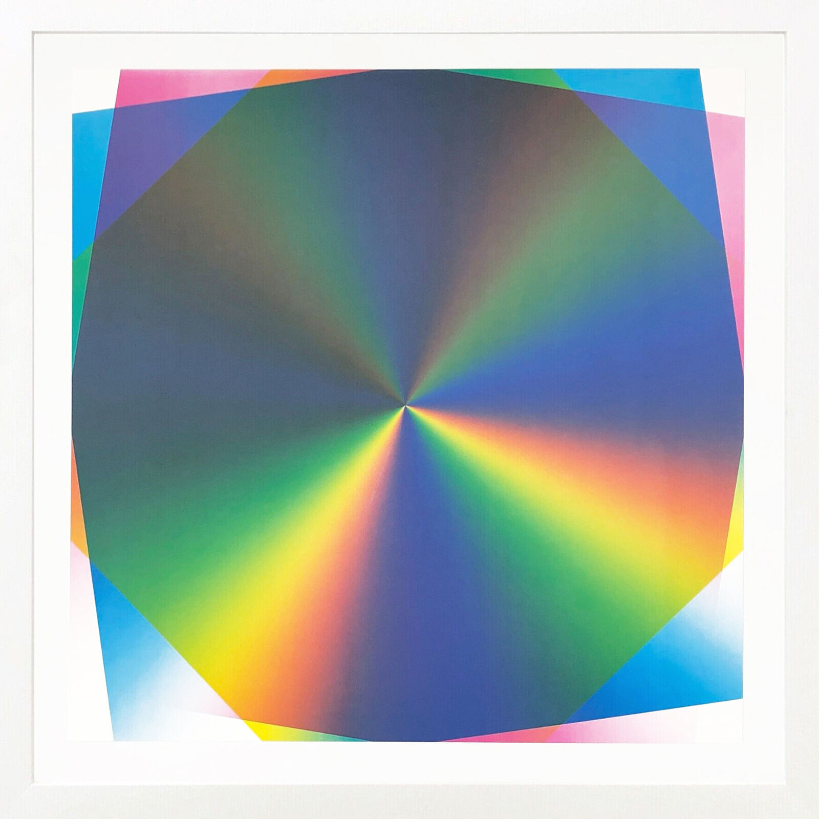 A picture of a rainbow colored circle in a white frame.