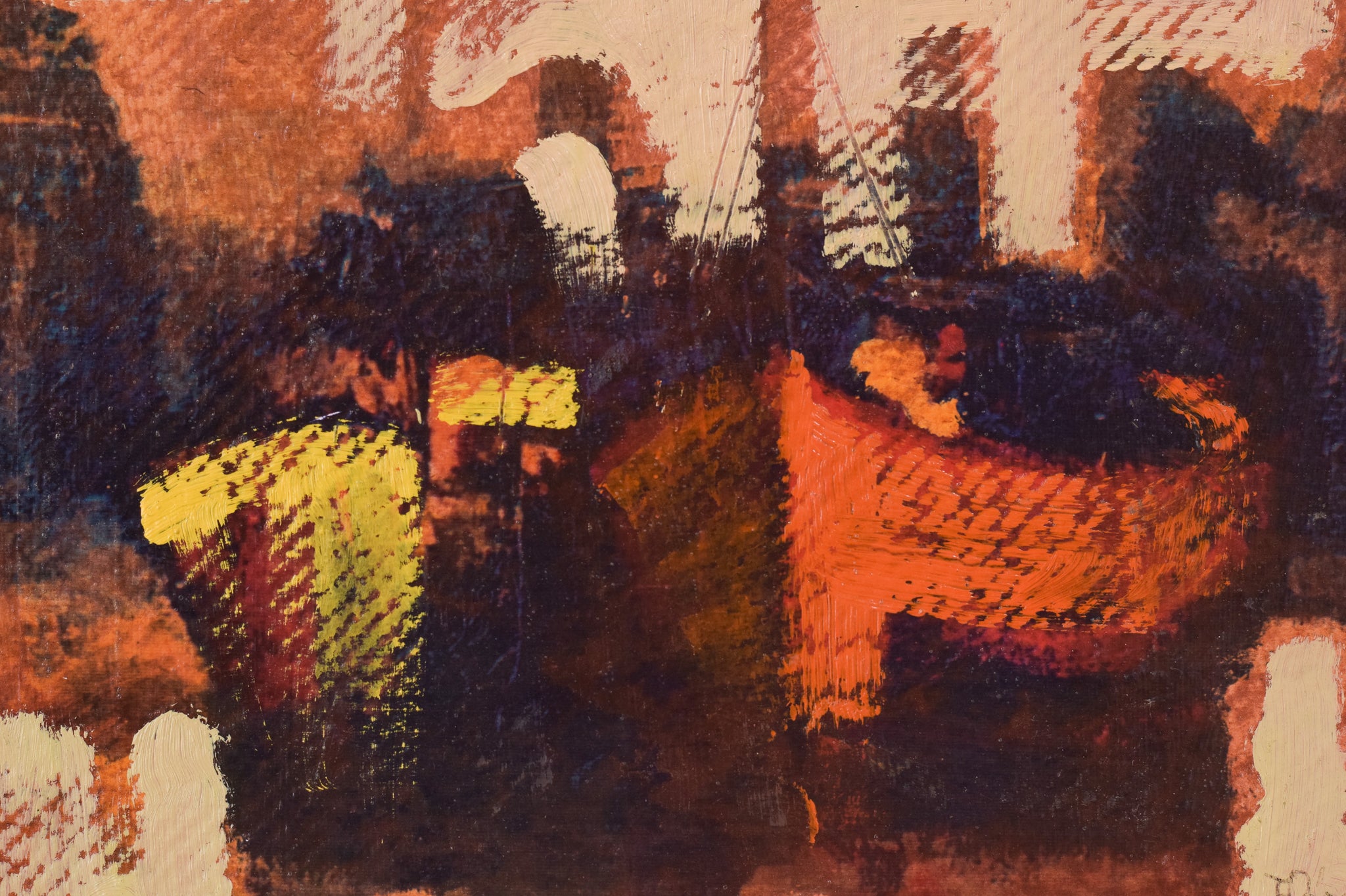 A painting of a cityscape with buildings in the background.