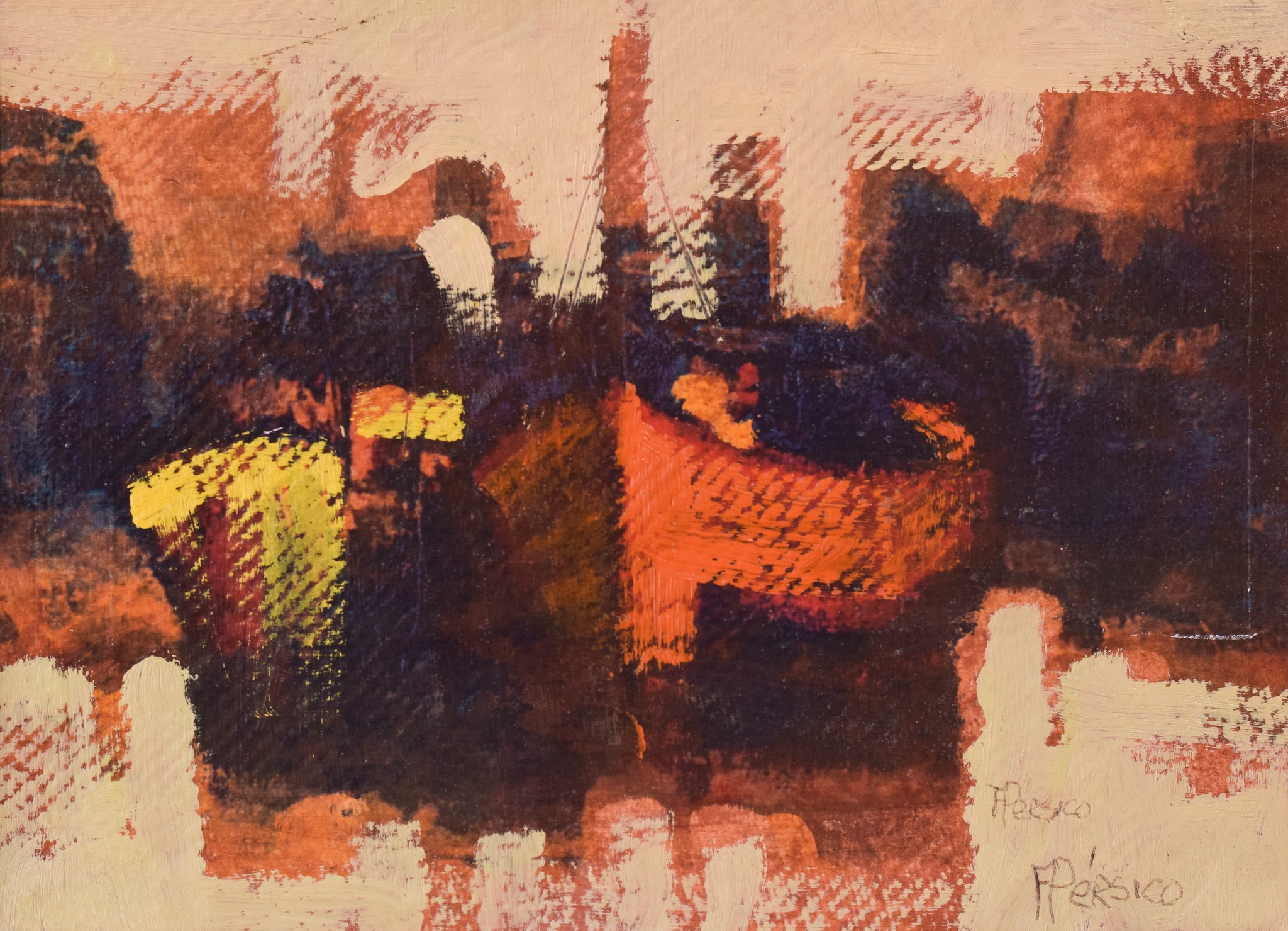 A painting of a cityscape with buildings in the background.