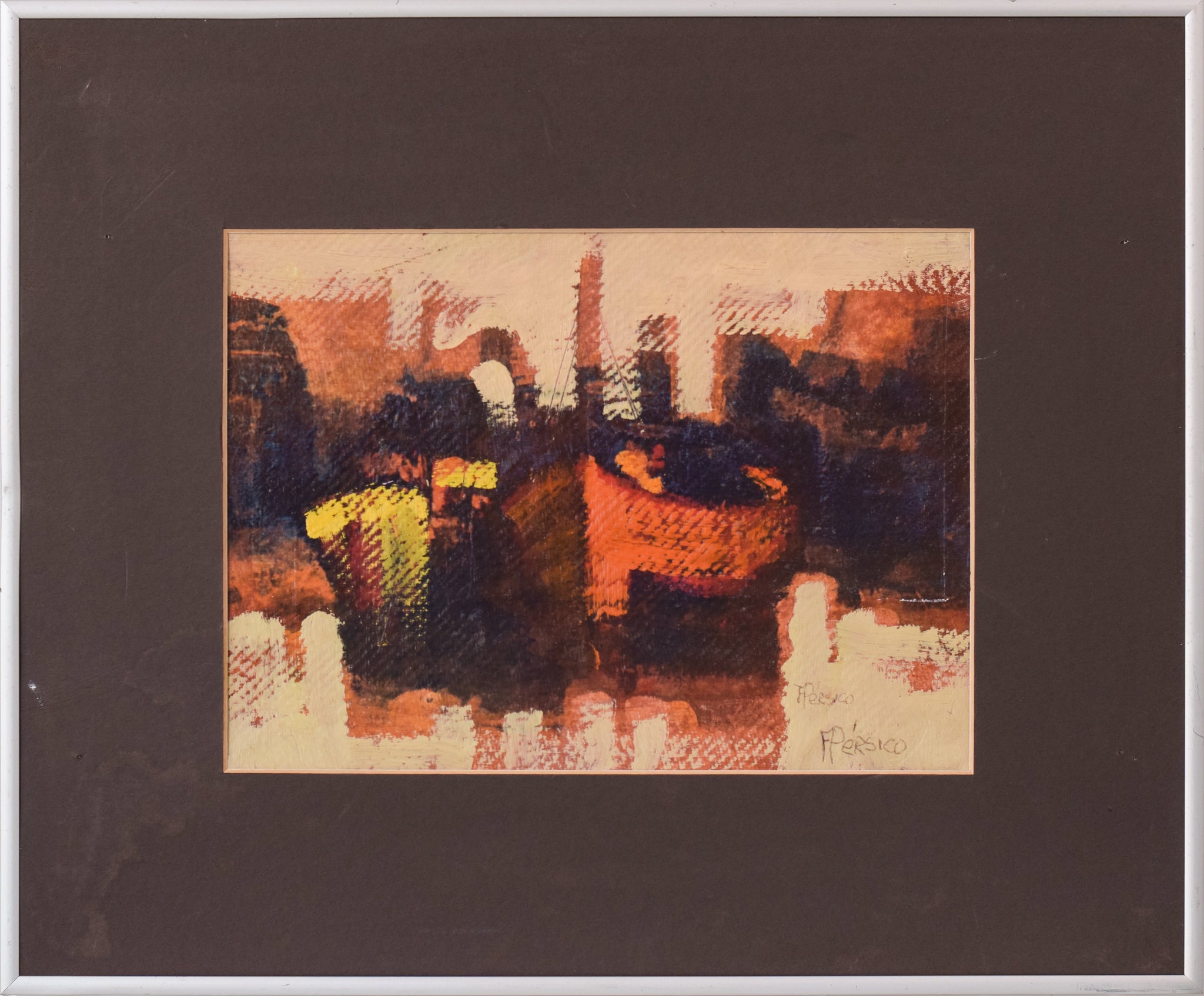 A painting of a cityscape with buildings in the background.