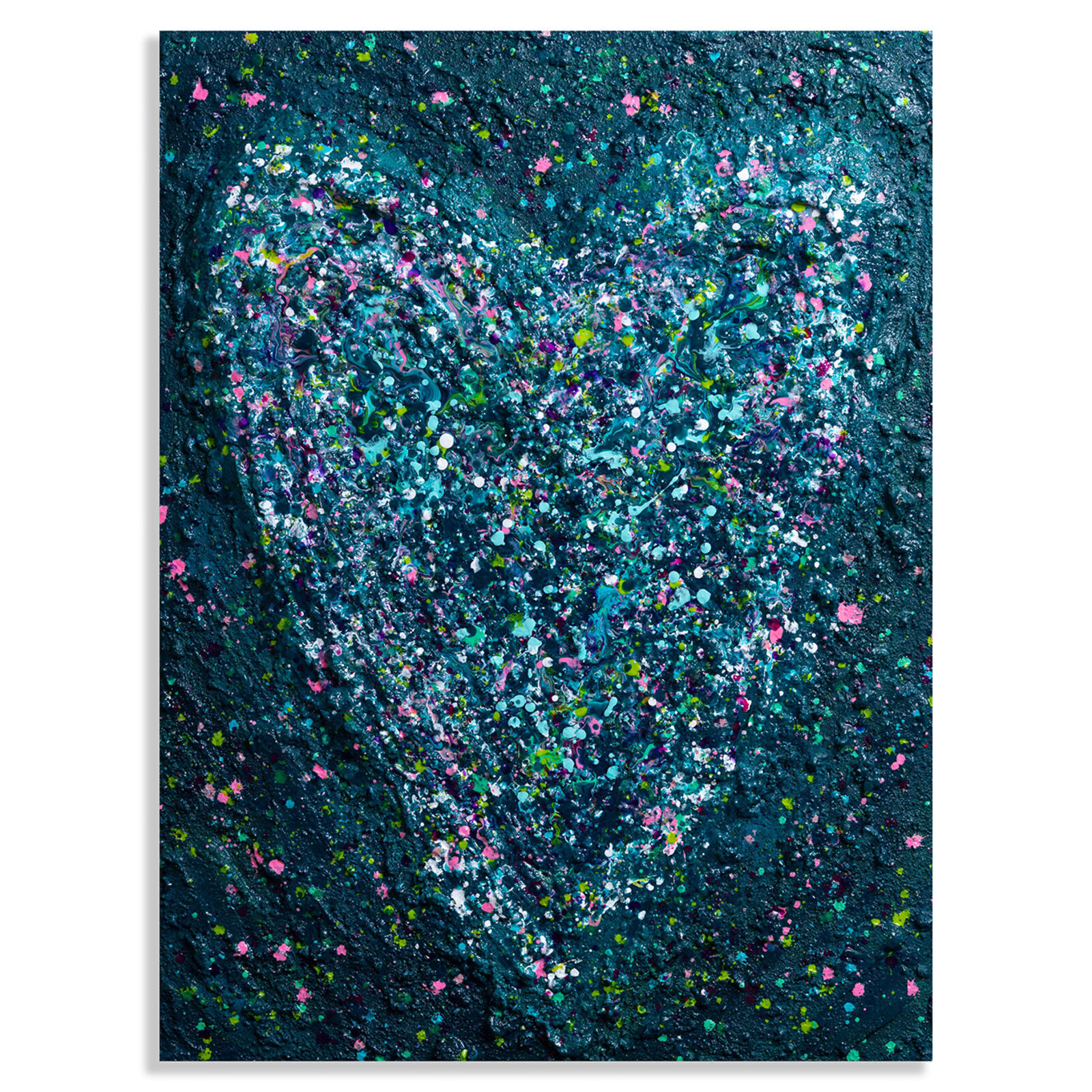 A painting of a heart made out of paint splatters on a black background.