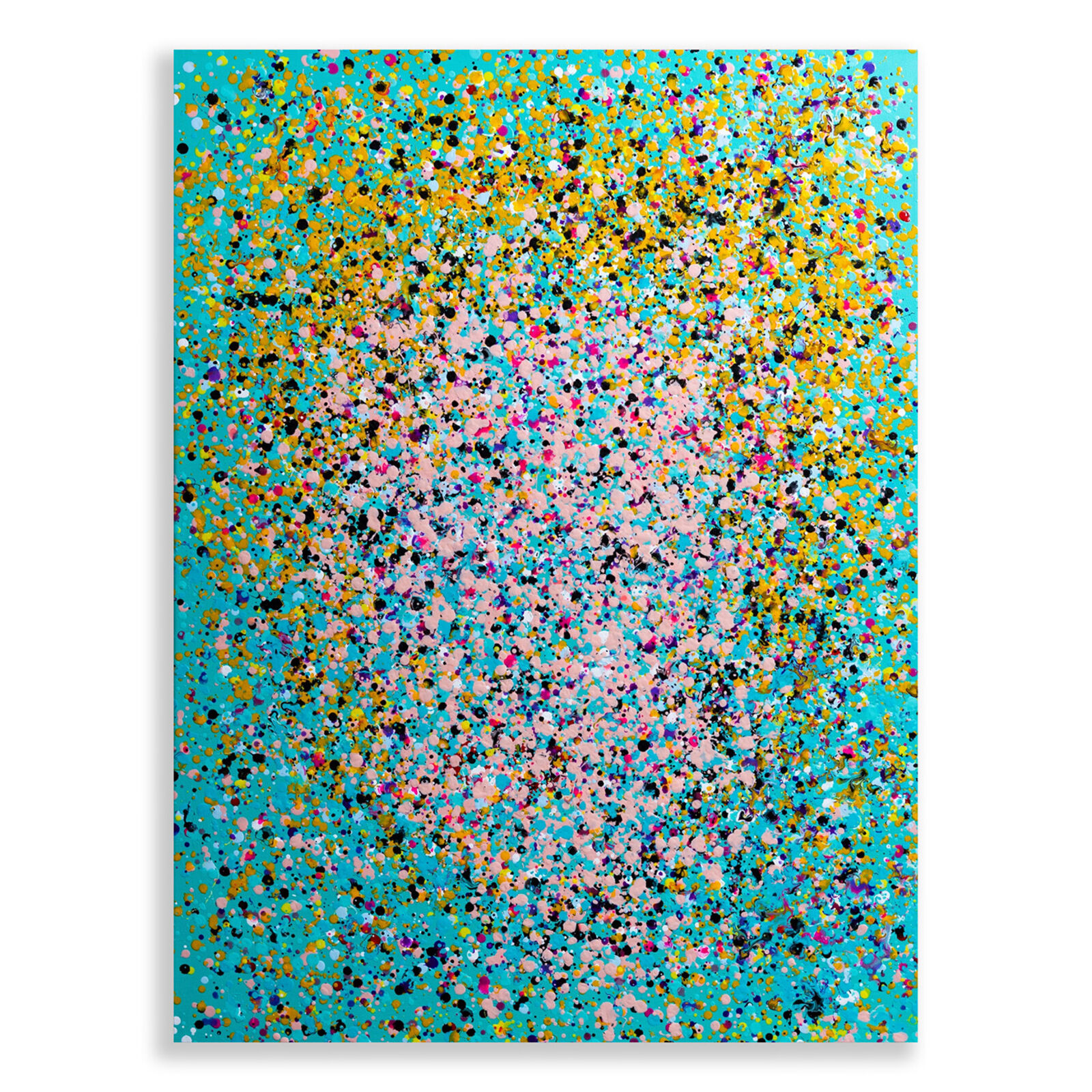 A painting of colorful confetti on a blue background.