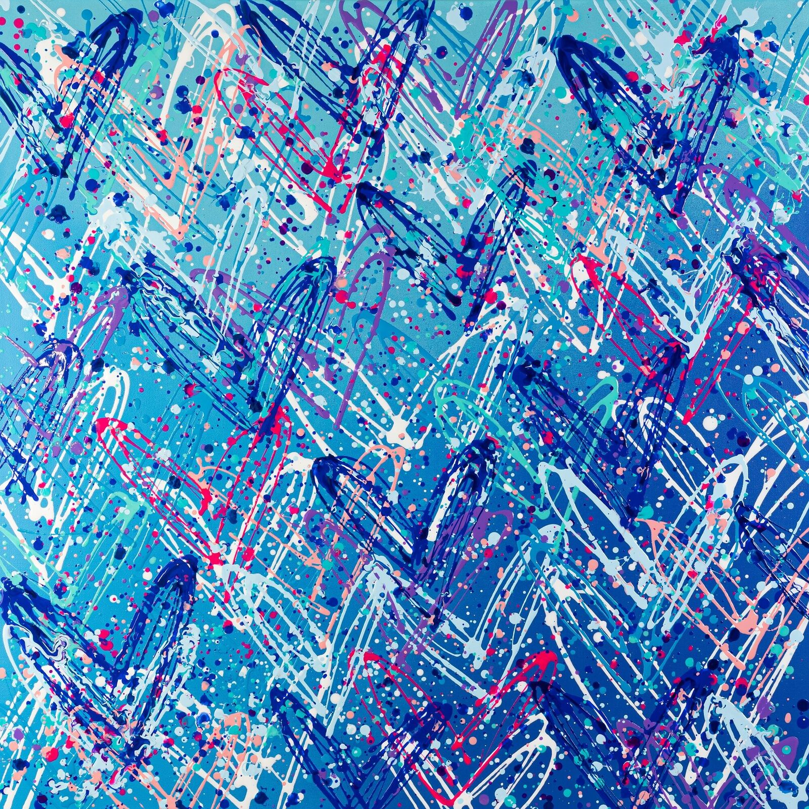 A blue and red abstract painting on a white background.