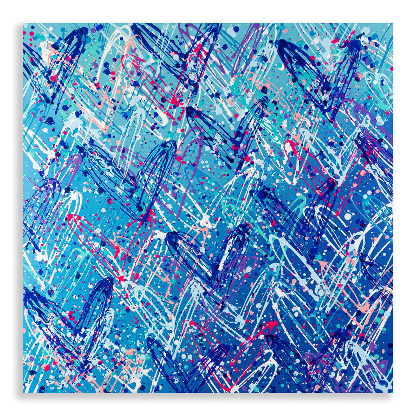 A blue and red abstract painting on a white background.