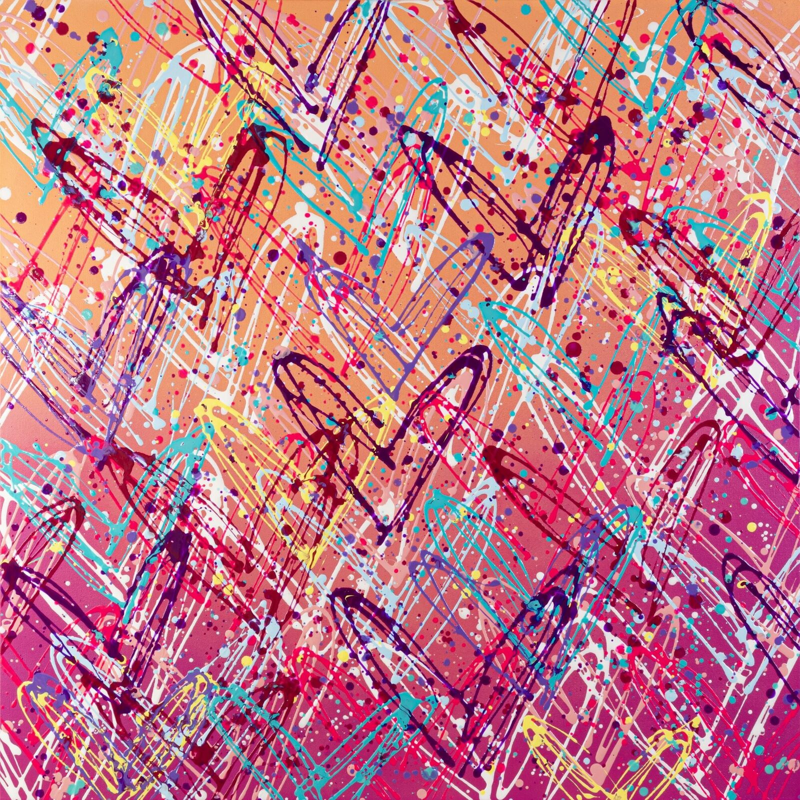 A colorful abstract painting with lots of paint splatters on it.