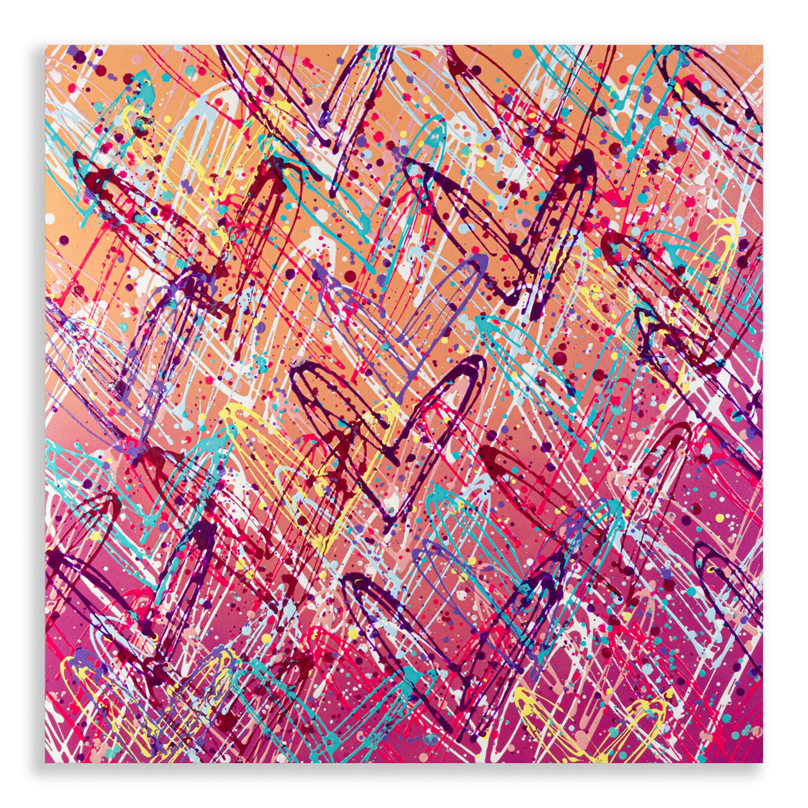 A colorful abstract painting with lots of paint splatters on it.