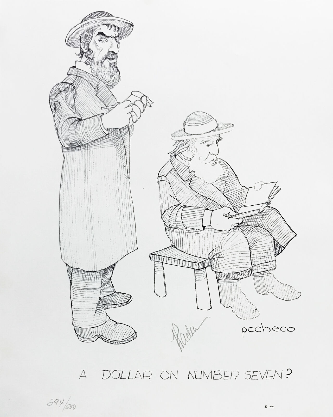 A drawing of a man sitting on a bench next to another man.