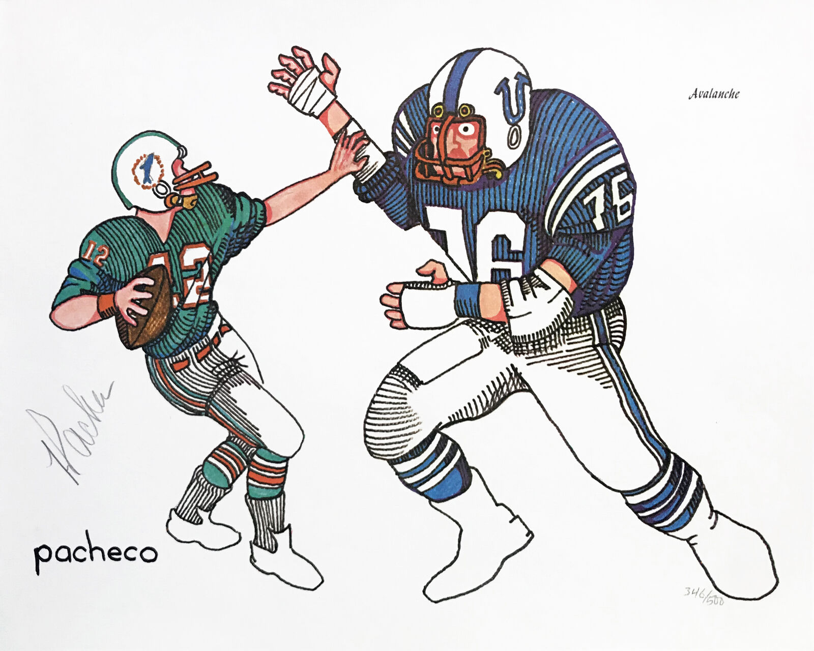 A drawing of two football players playing a game of football.