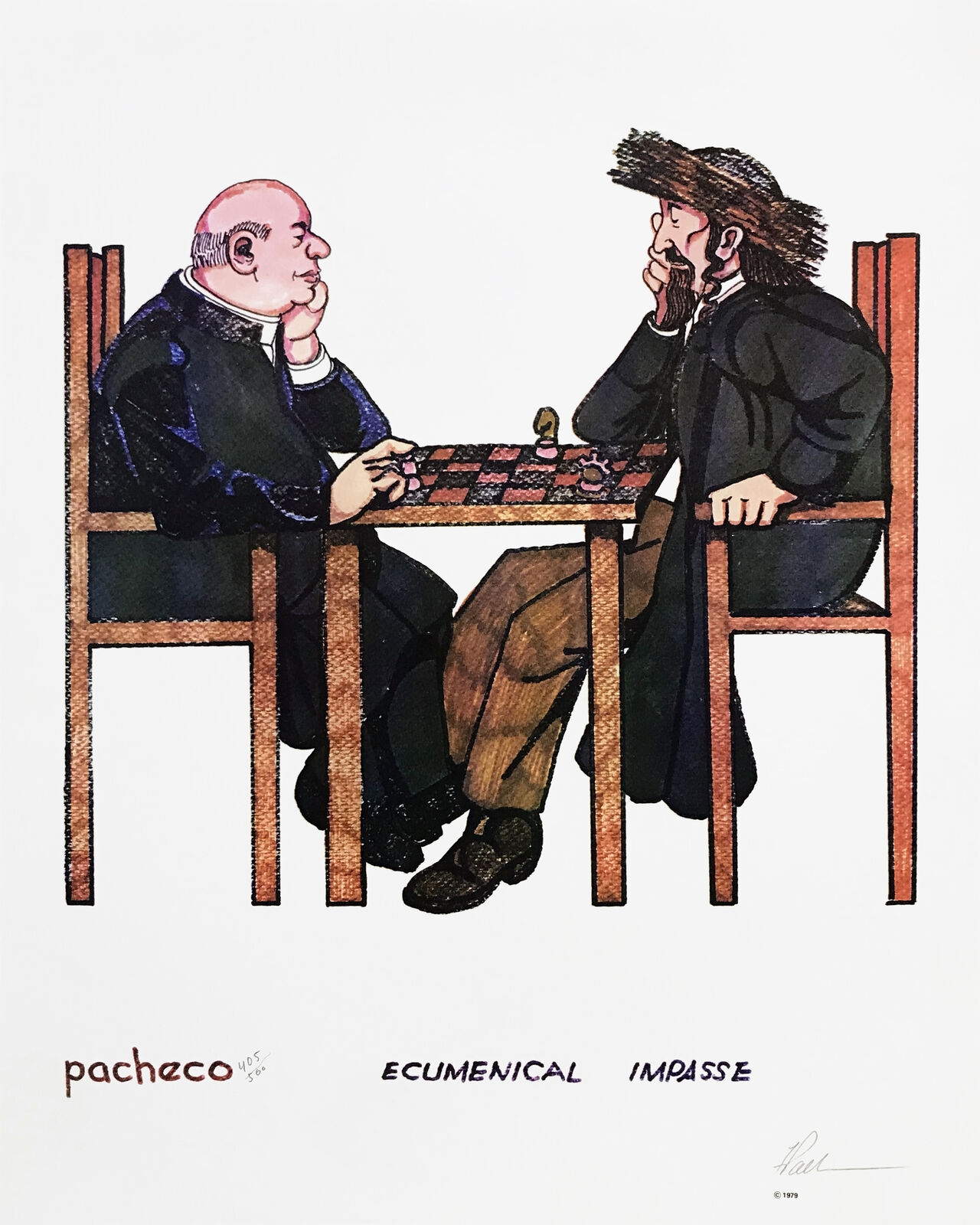 Two men sitting at a table playing chess. 