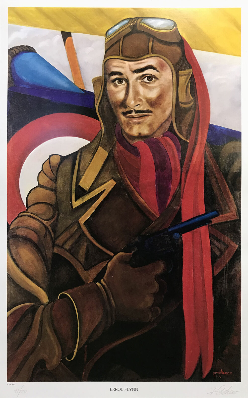 A painting of a man in a pilot's uniform holding a gun.