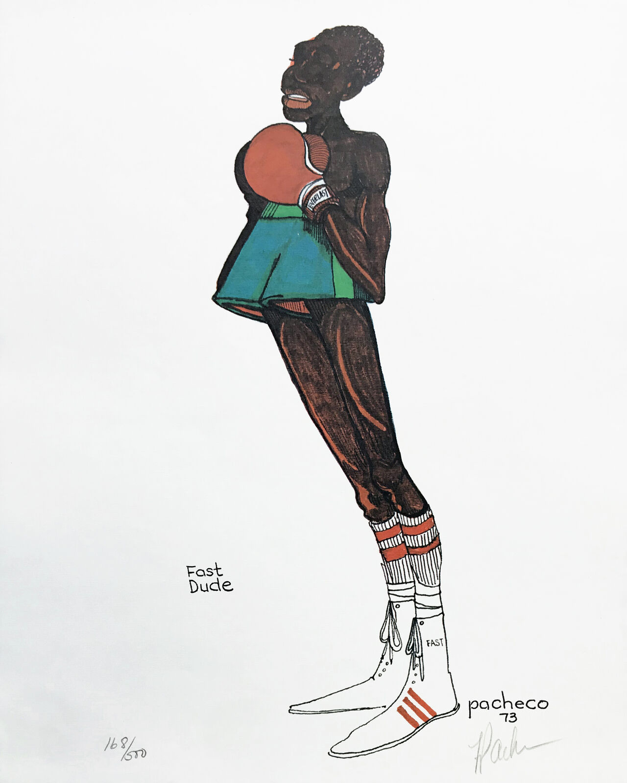 A drawing of a man wearing boxing gloves and socks.