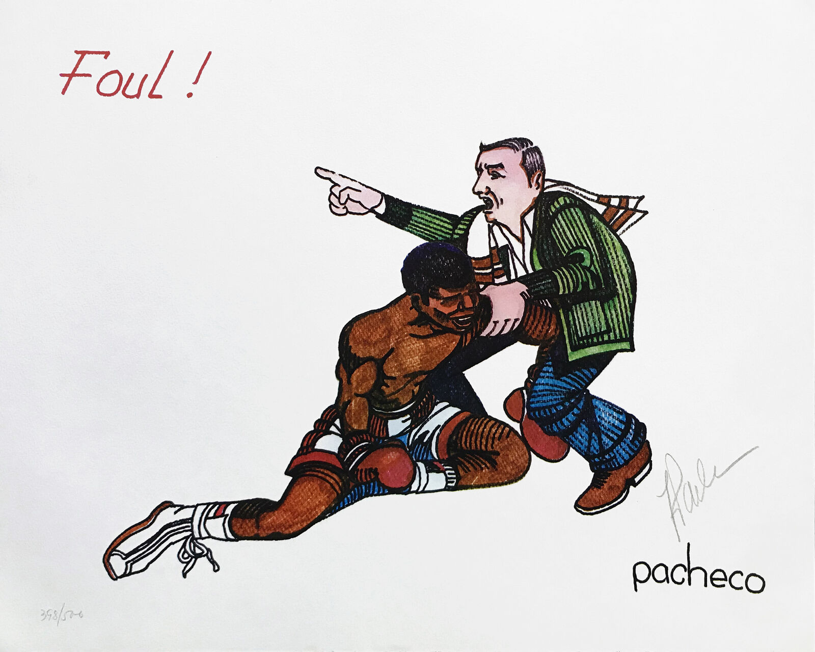 A drawing of a man wrestling with another man on the ground.