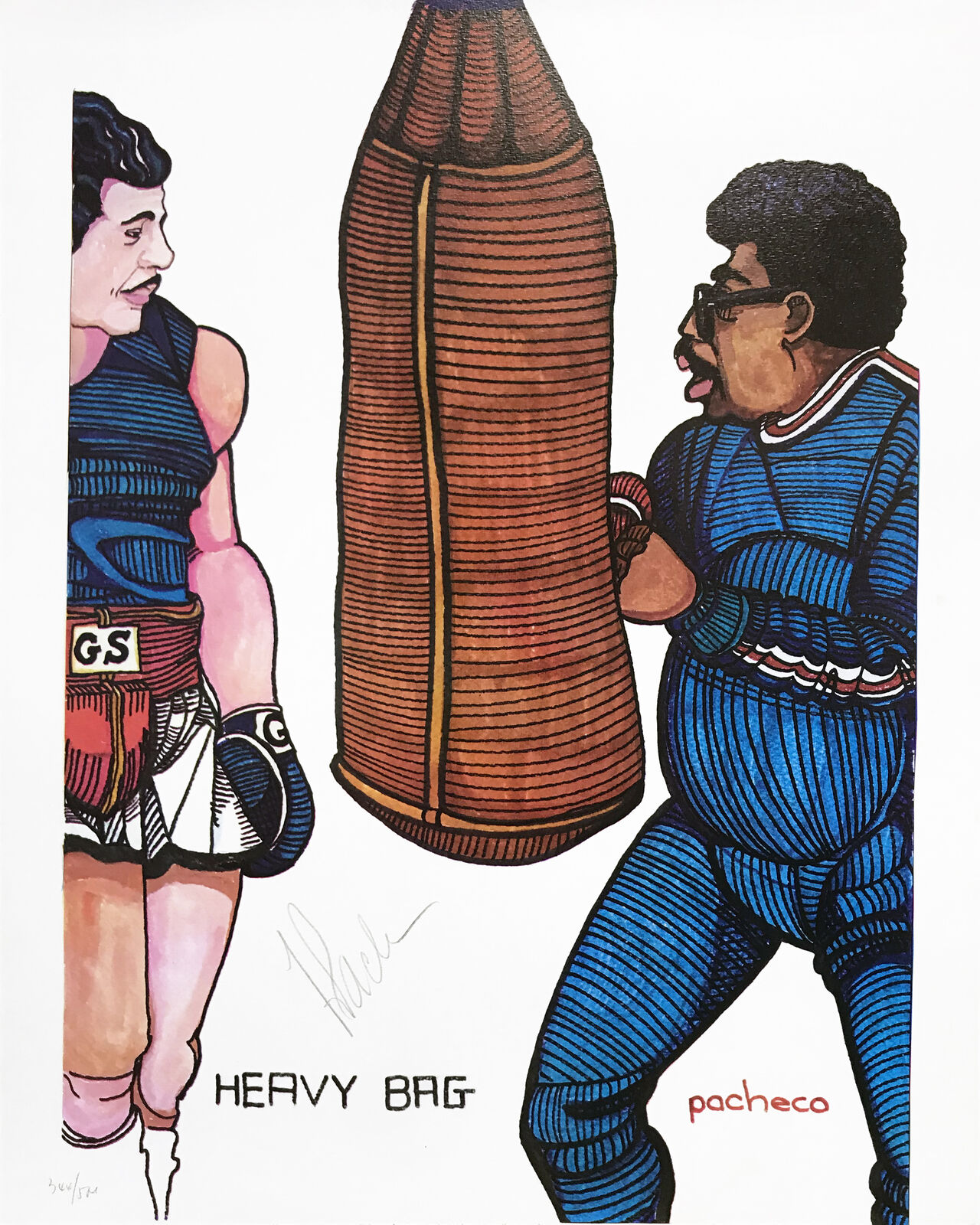 A drawing of a man punching a punching bag next to another man.