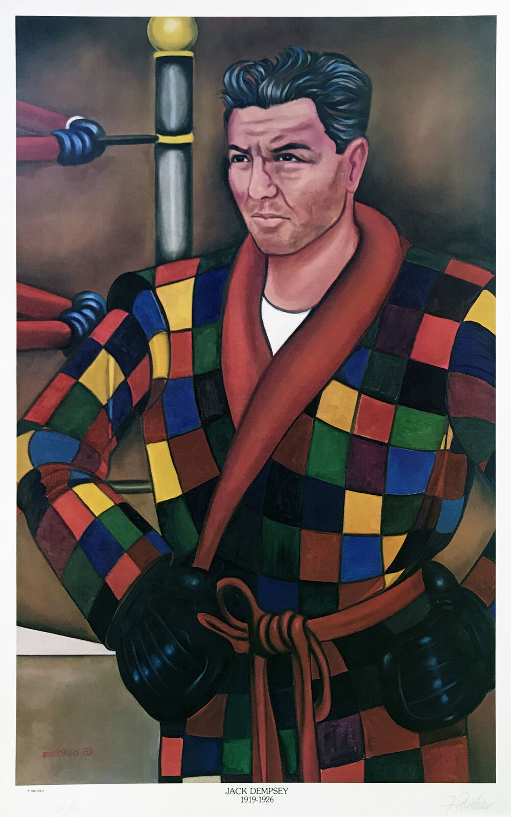 A painting of a man in a colorful checkered shirt and boxing gloves.