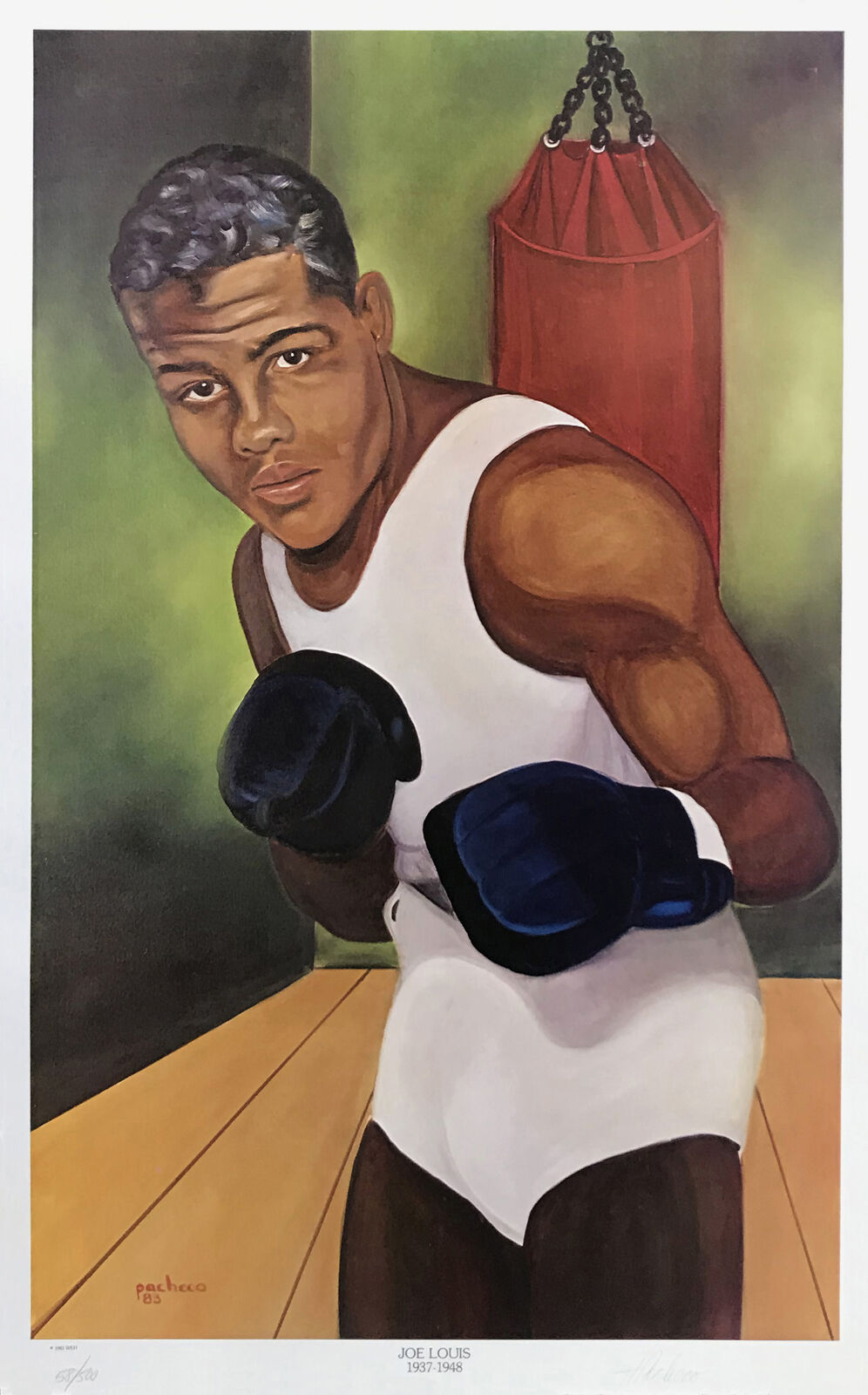 A painting of a man wearing boxing gloves in front of a punching bag.