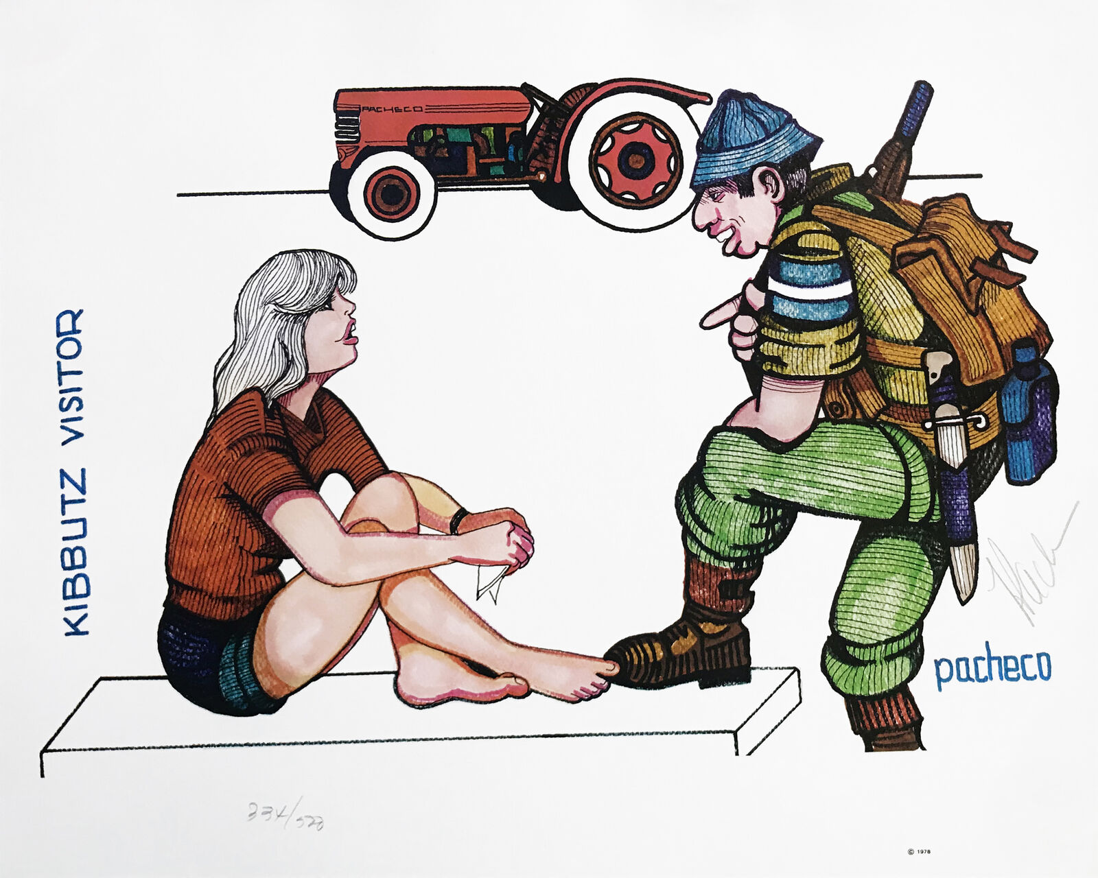 A drawing of a man and a woman sitting on the ground next to a tractor.
