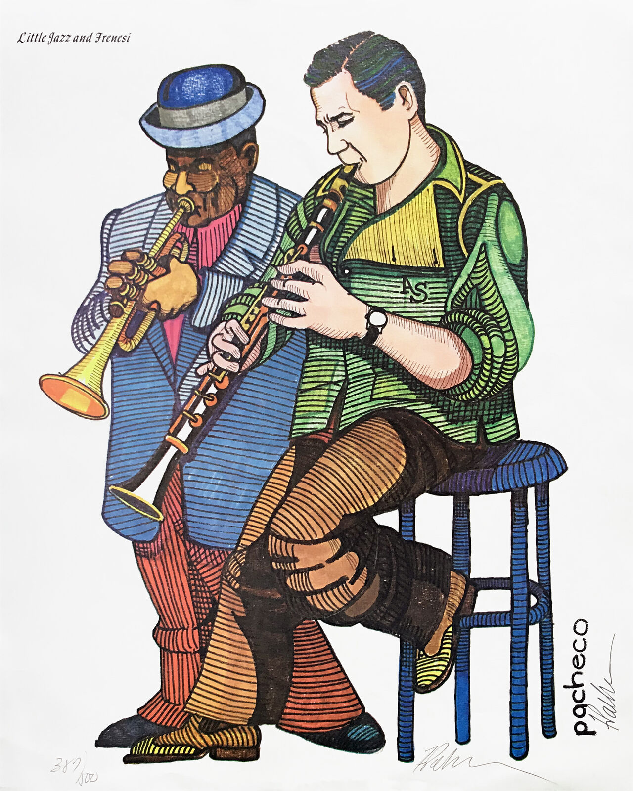 A drawing of two men playing instruments on a stool.