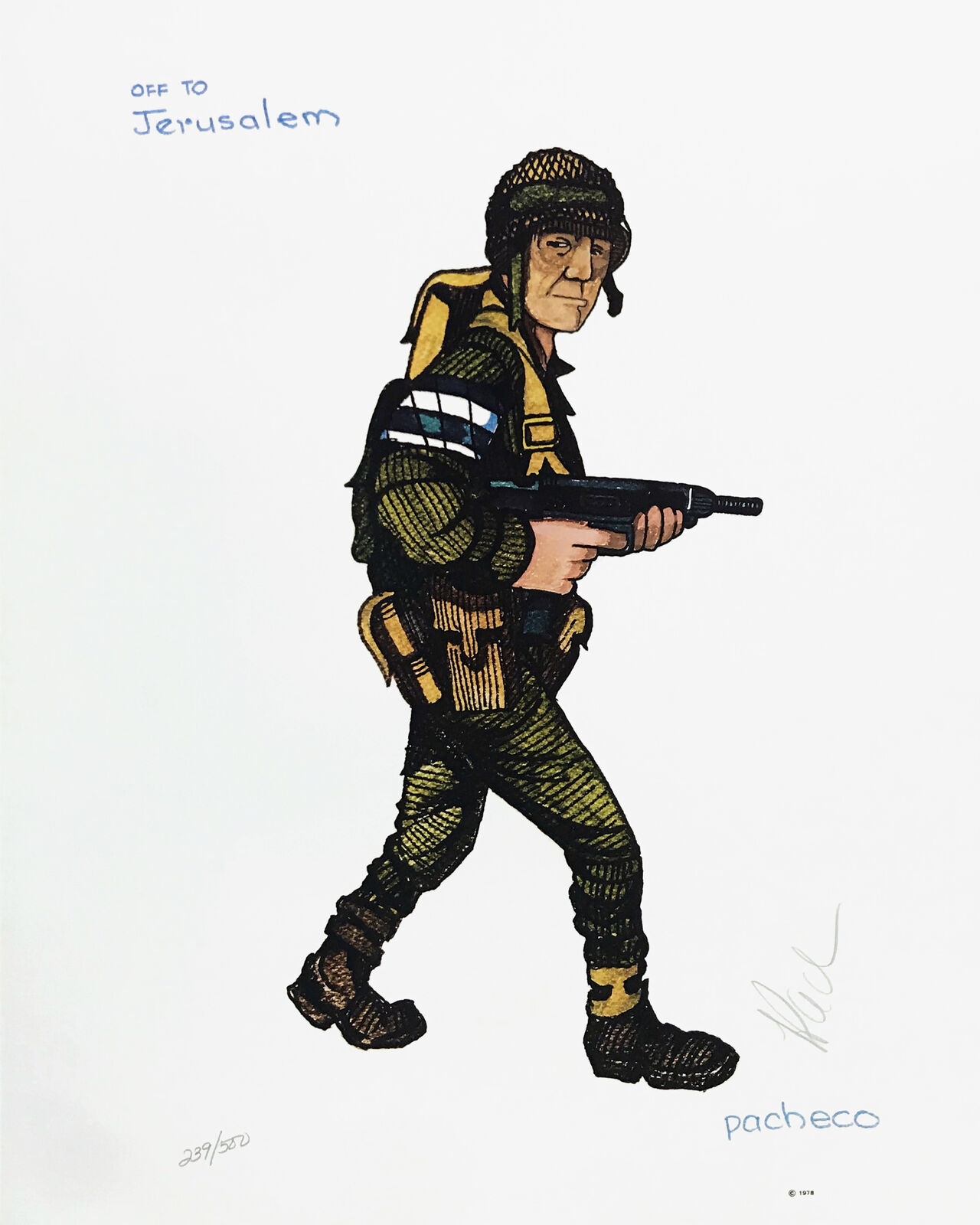 A drawing of a soldier holding a rifle. 