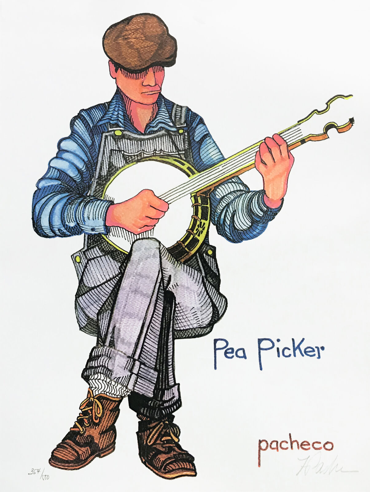 A drawing of a man playing a banjo. 