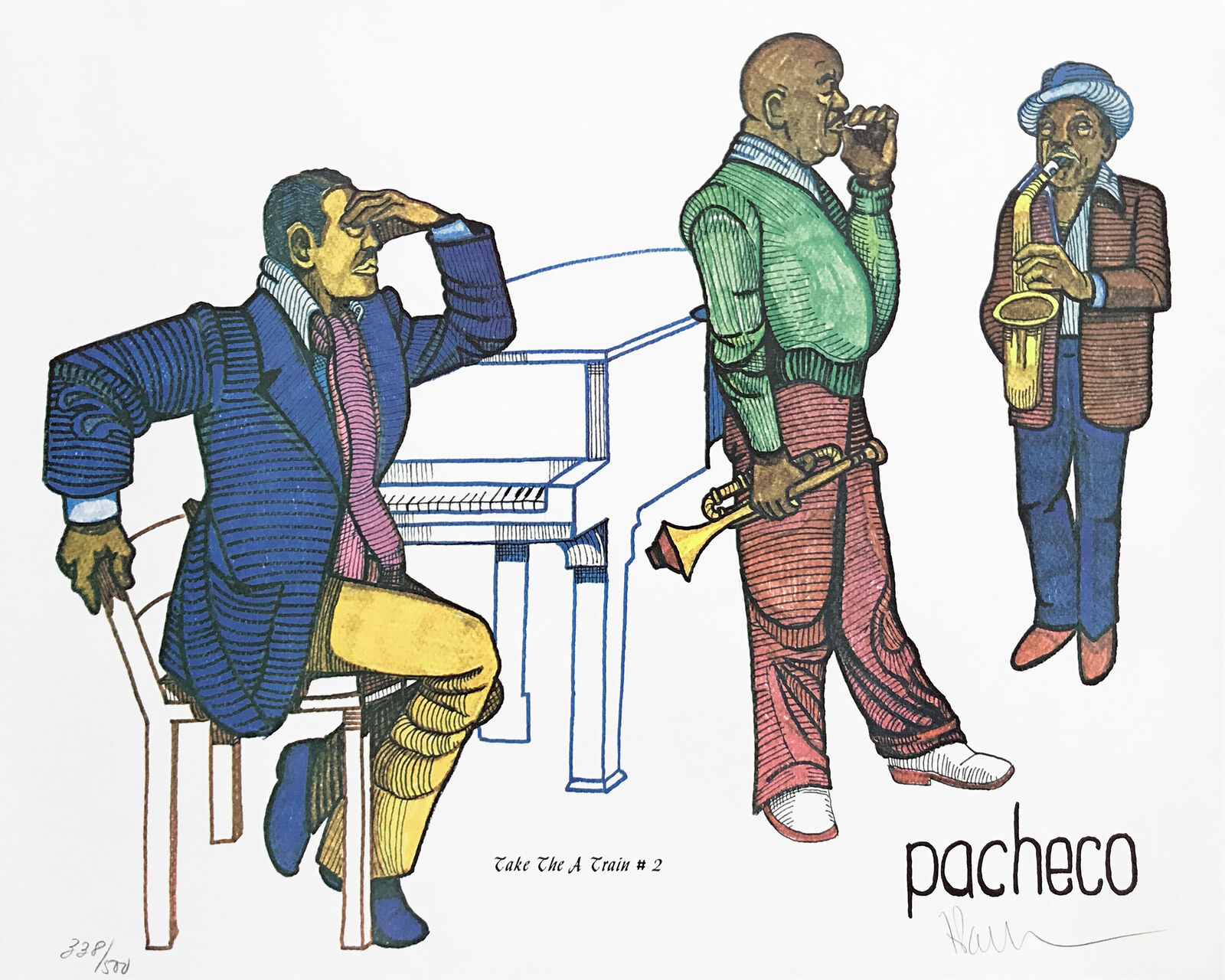 A drawing of three men playing instruments in front of a piano.