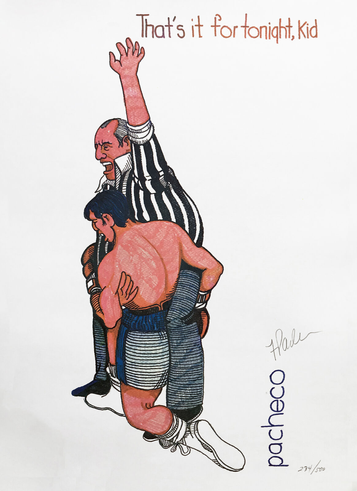 A drawing of a referee and a wrestler wrestling. 