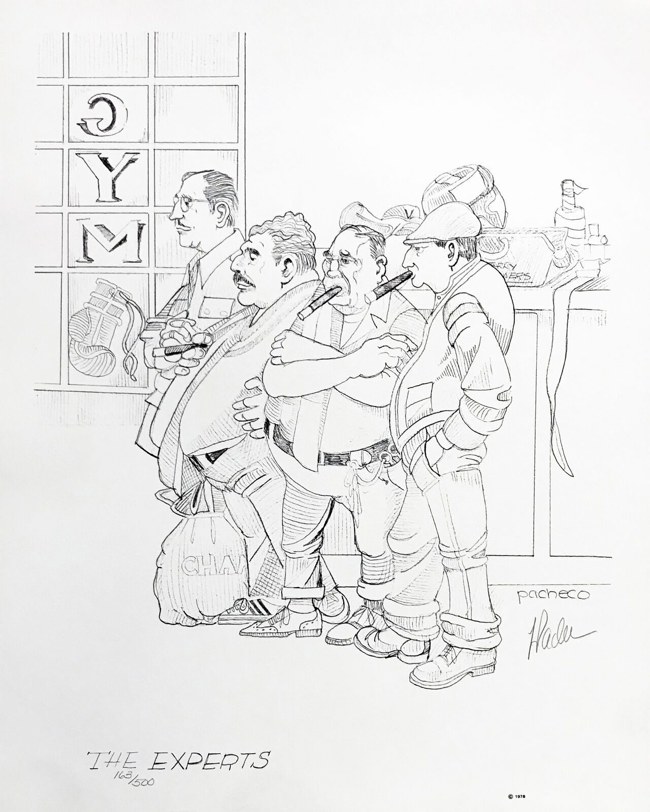 A black and white drawing of a group of men standing next to each other.