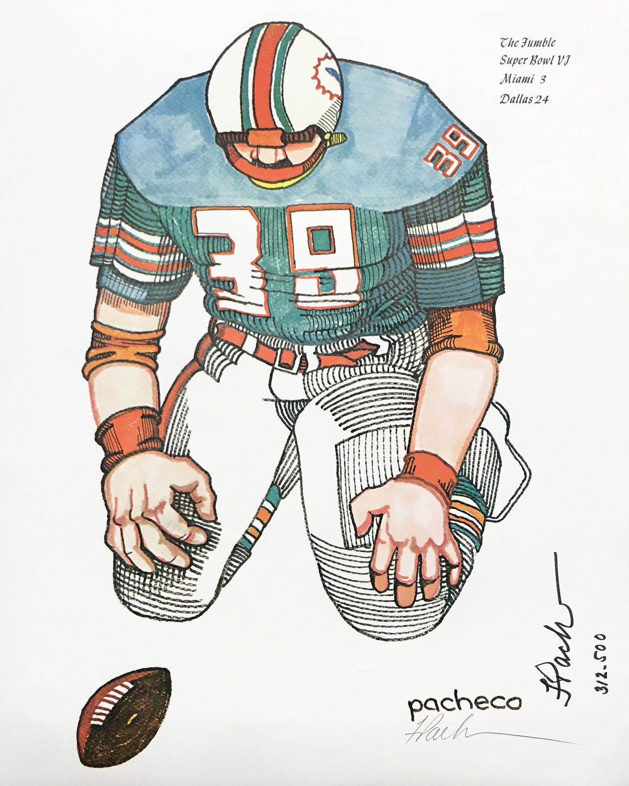 A drawing of a football player kneeling on the ground.