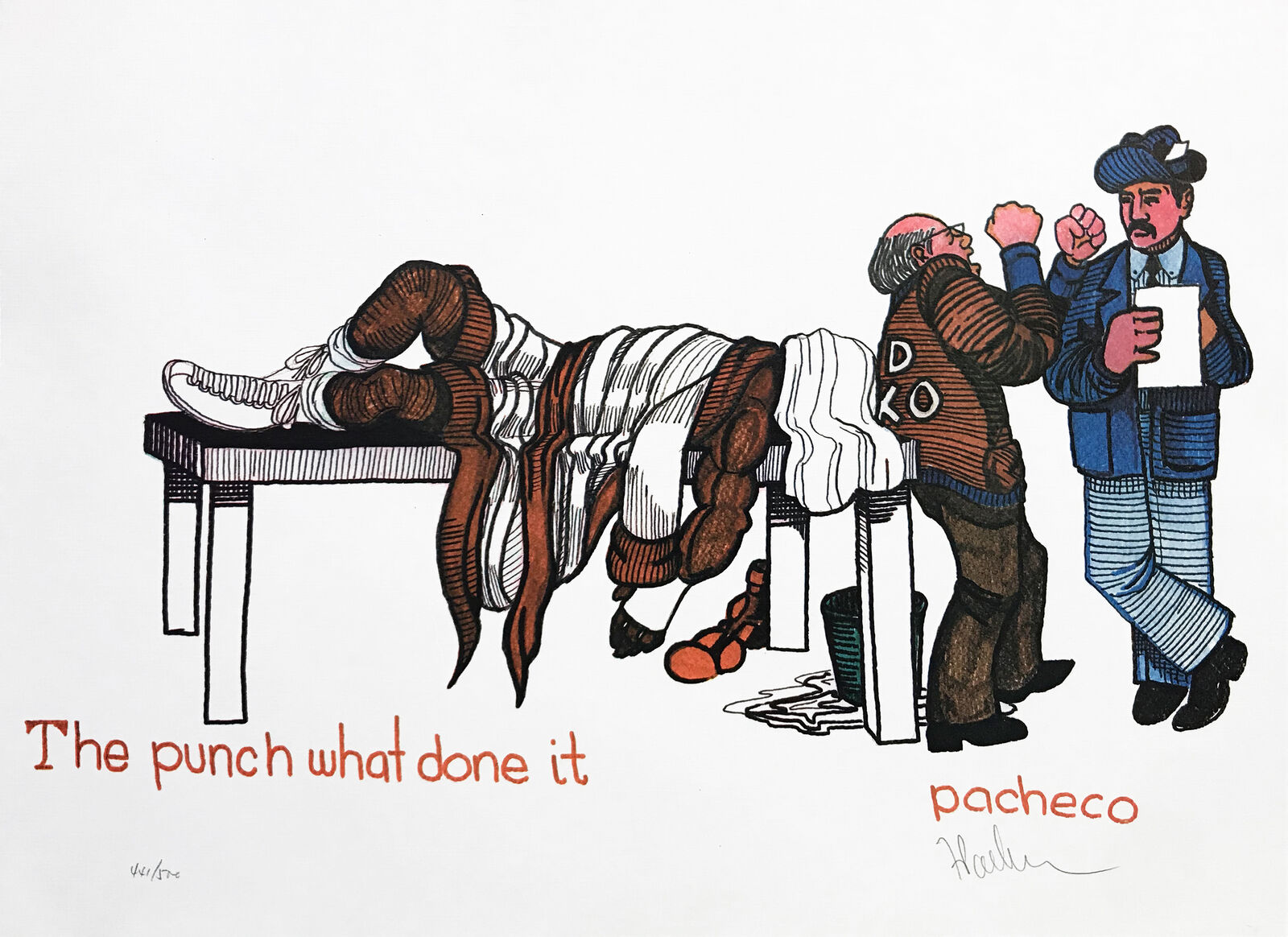 A drawing of a man laying on a table next to another man.