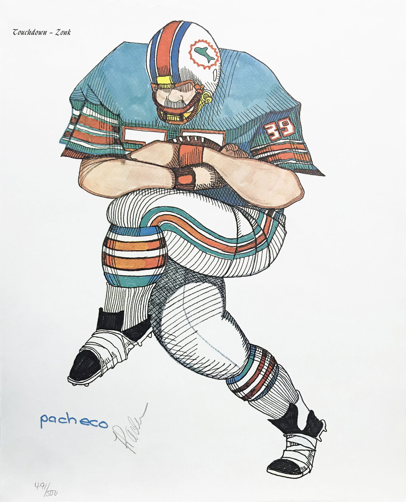 A drawing of a football player holding a ball.