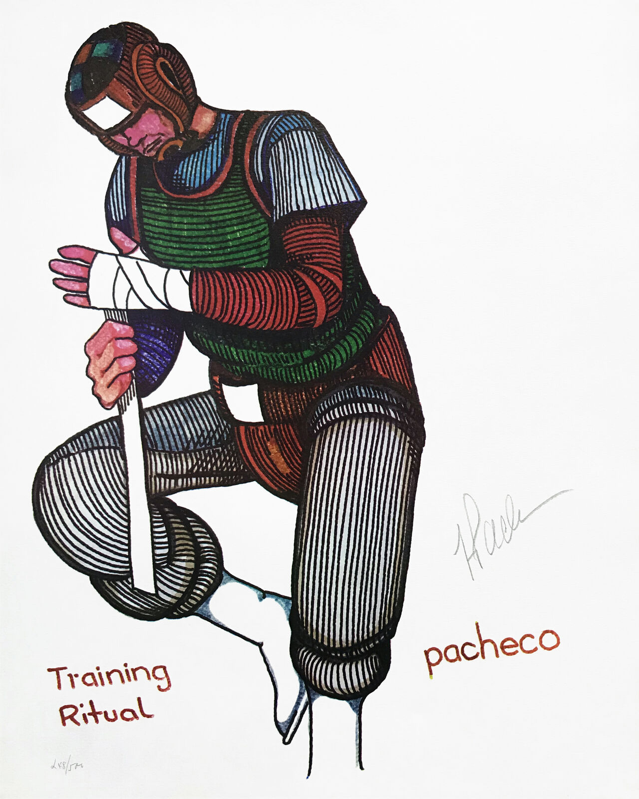 A drawing of a man with a bandage on his arm.