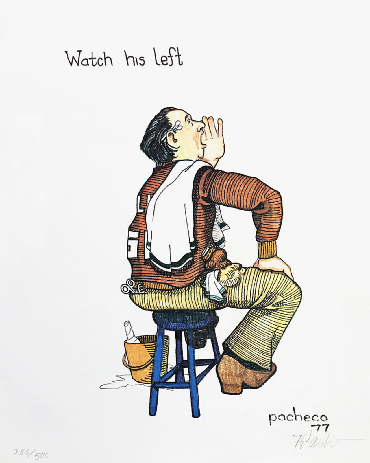 A drawing of a man sitting on a stool with his hand on his head.