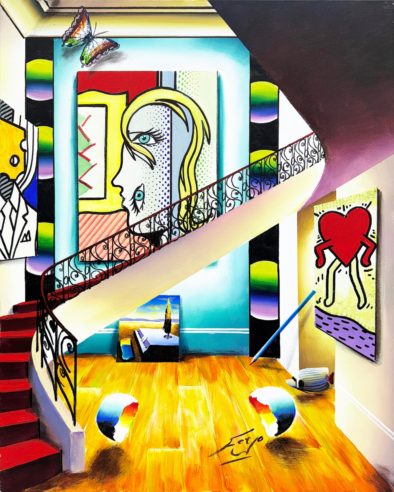 A painting of a woman's face on a staircase in a room.