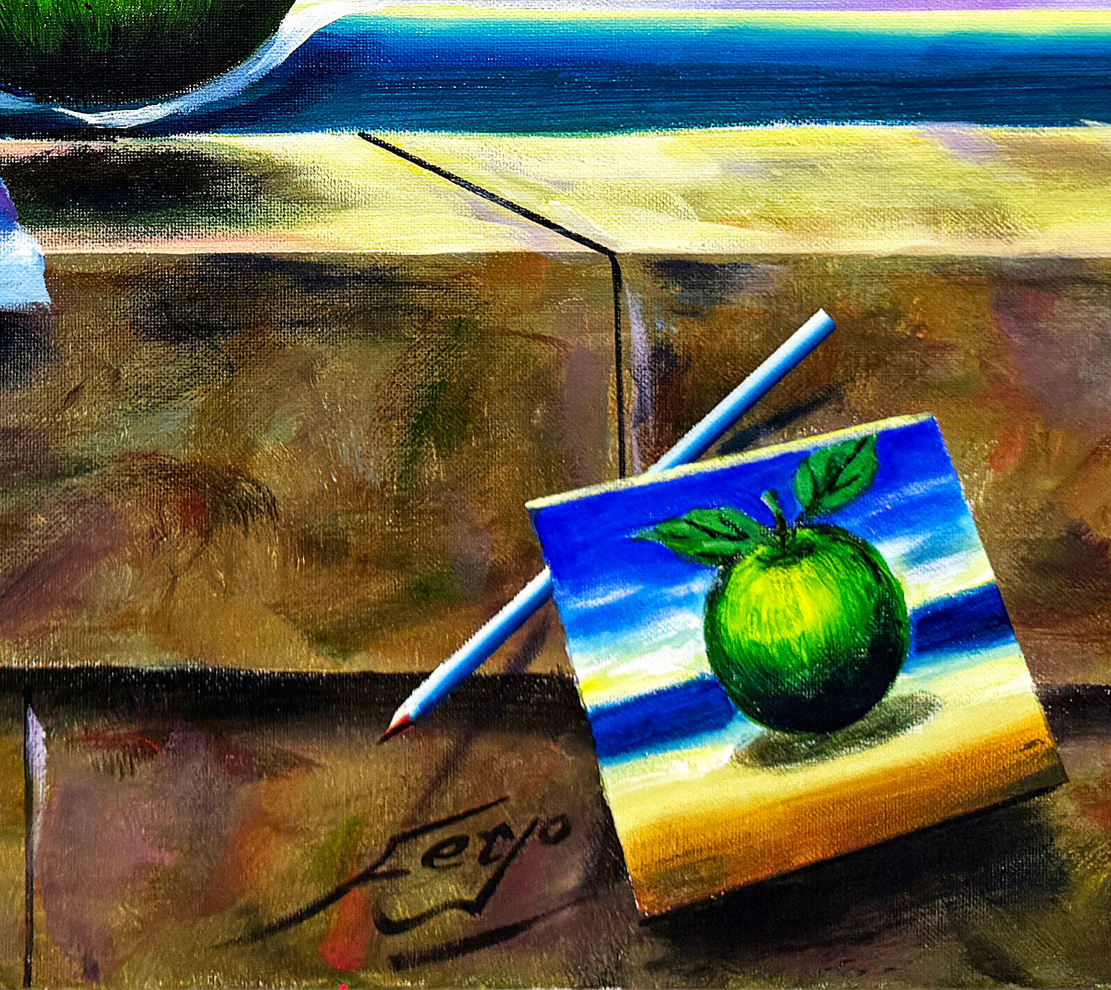 A painting of a green apple with a top hat on top of it.