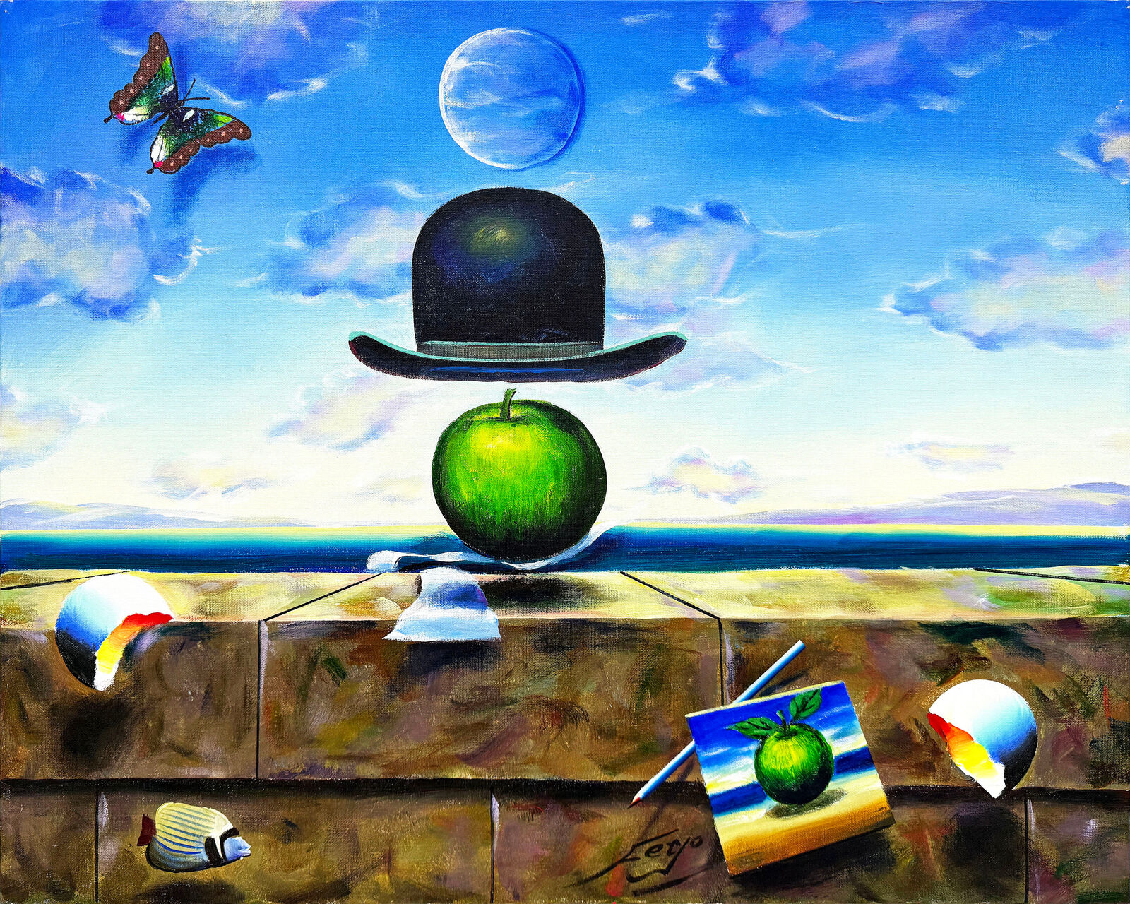 A painting of a green apple with a top hat on top of it.
