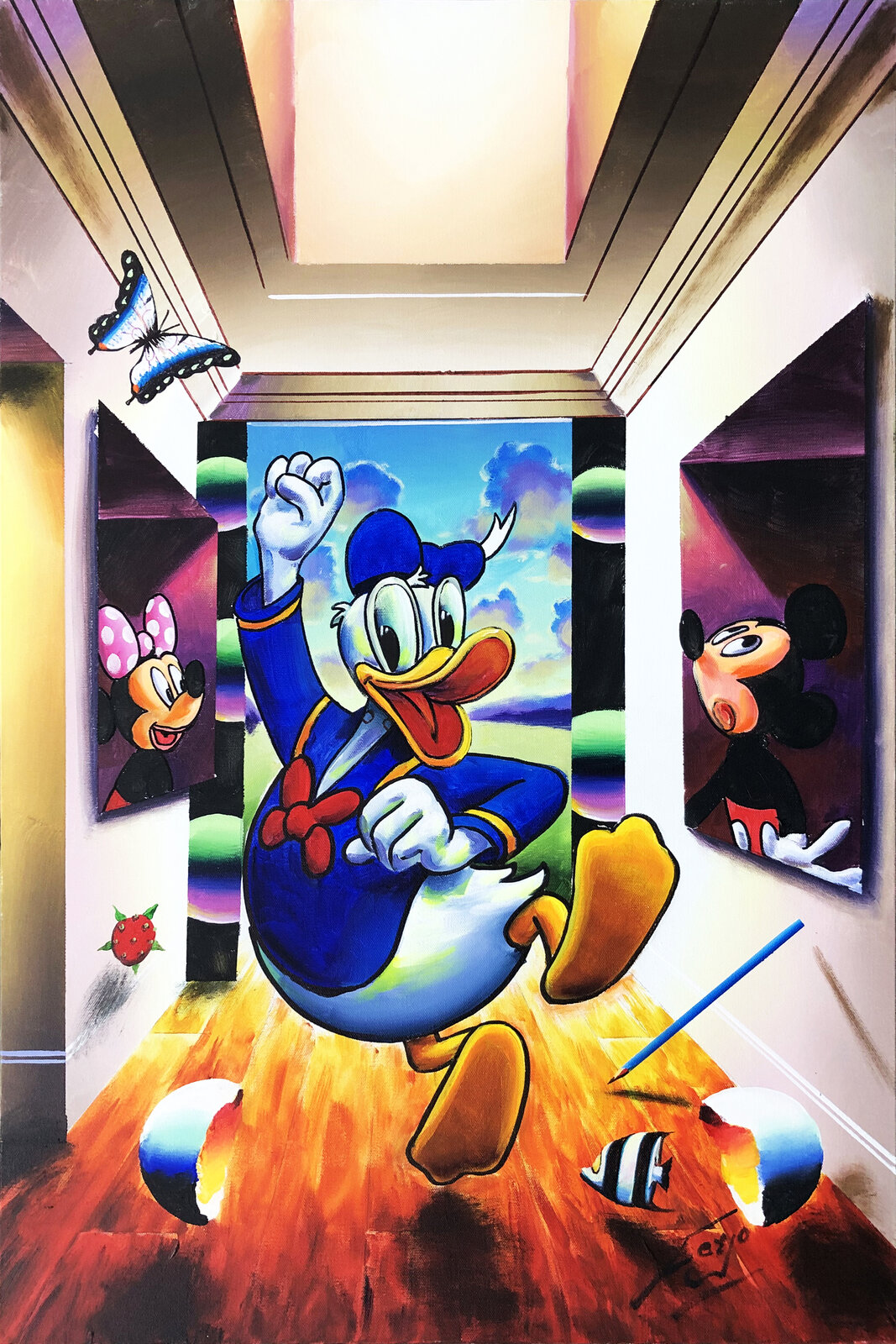 A painting of Donald Duck and Minnie Mouse in a room with paintings on the wall.