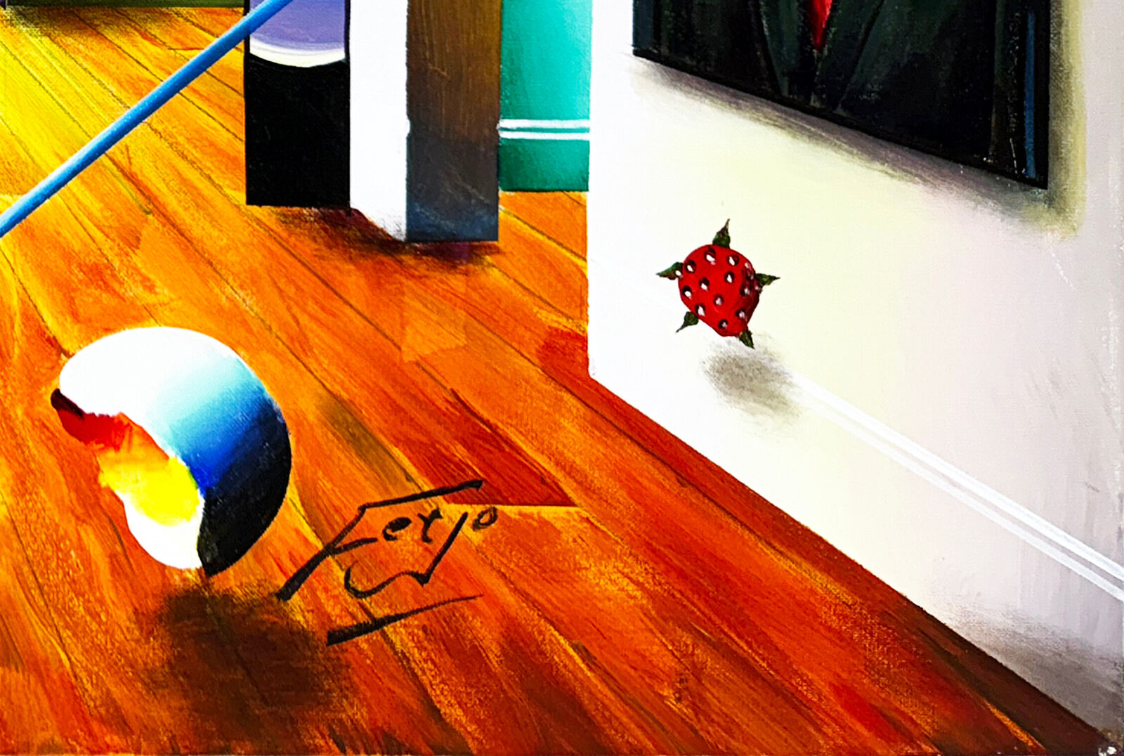 A painting of a room with paintings on the walls.