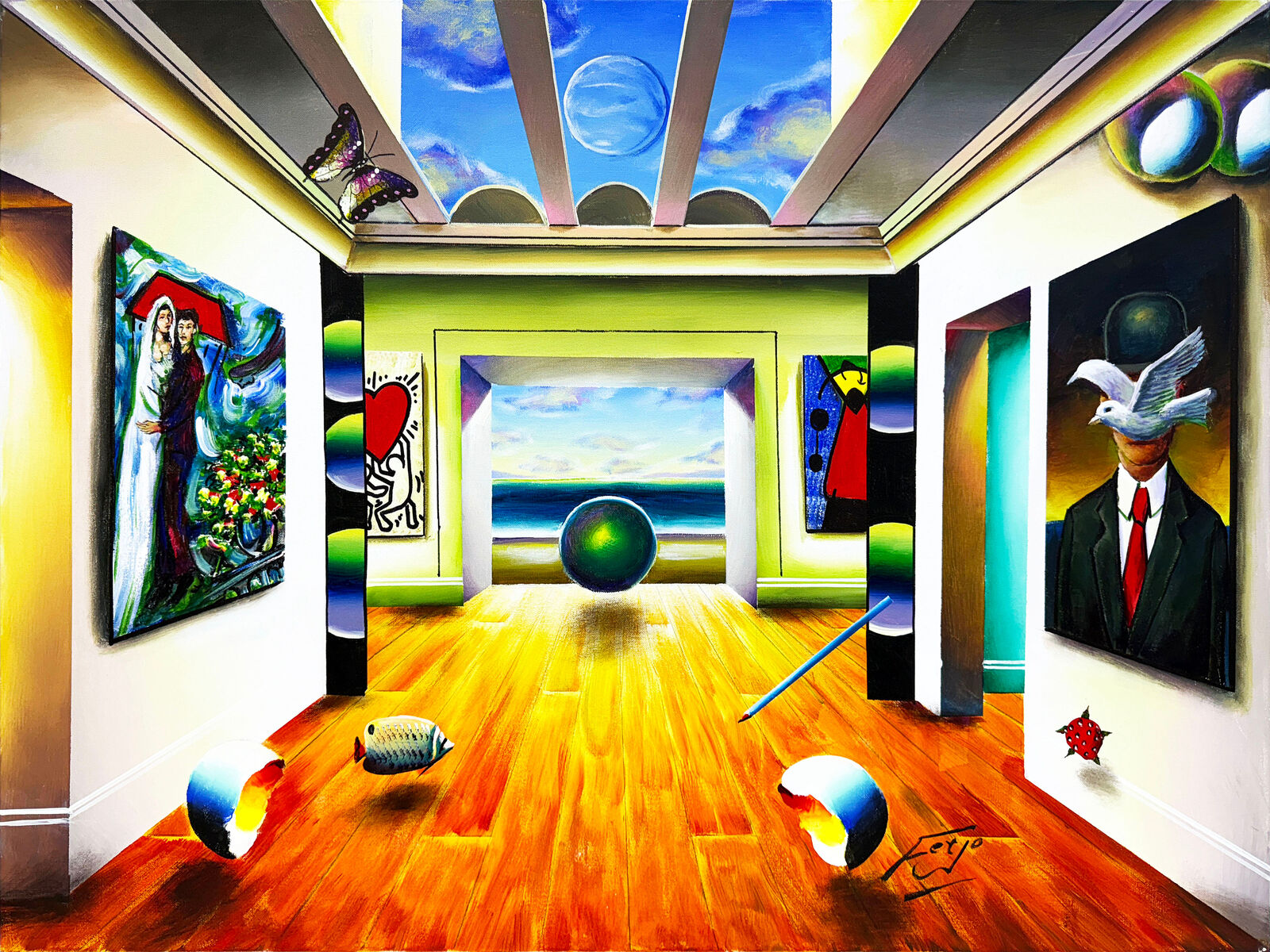 A painting of a room with paintings on the walls.