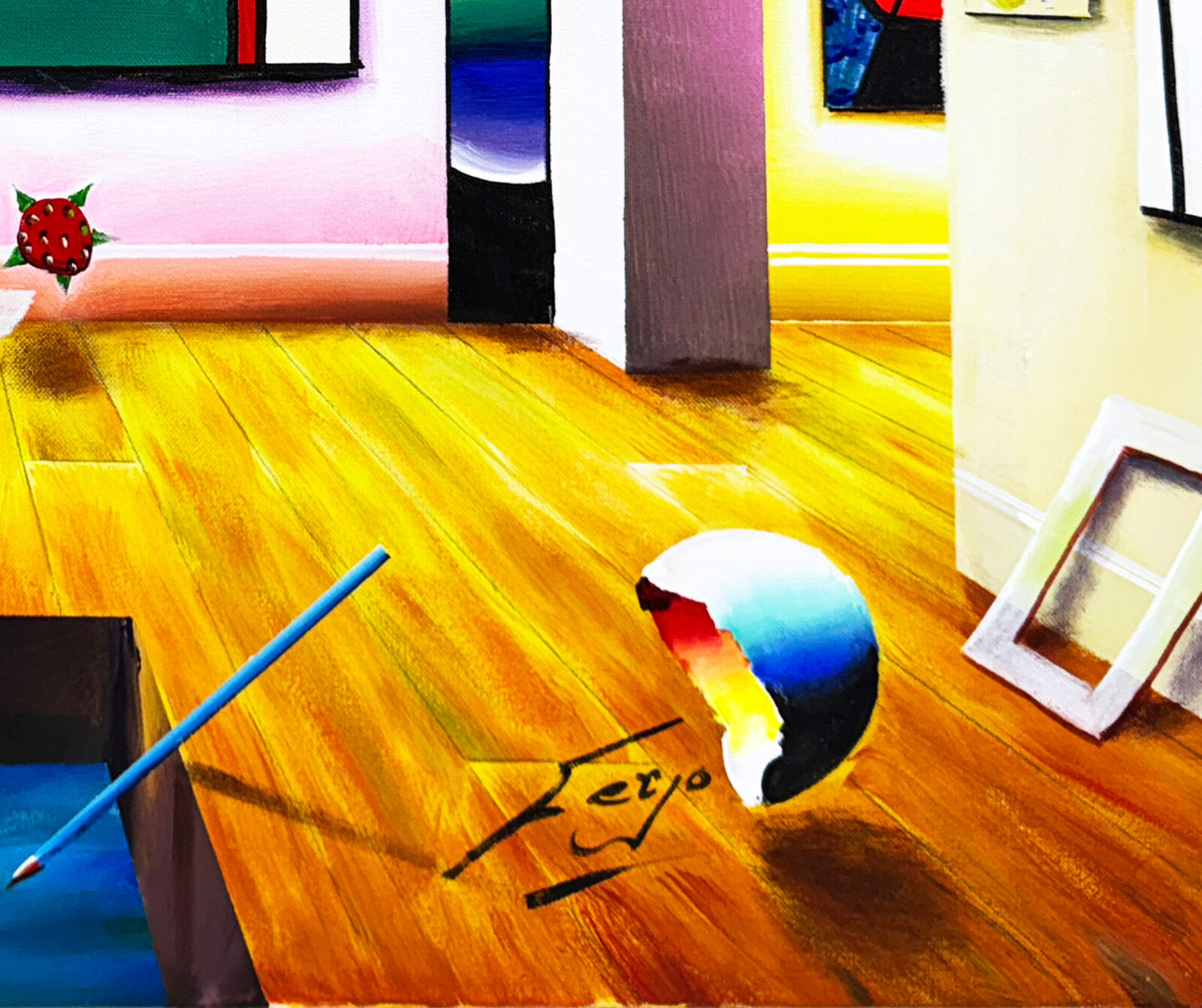 A painting of a room with paintings on the wall.
